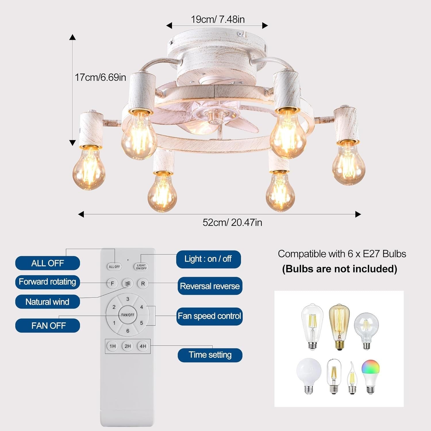52CM Ceiling Fan Light, 6 Lights, Remote, Flush Mount Industrial Design, White