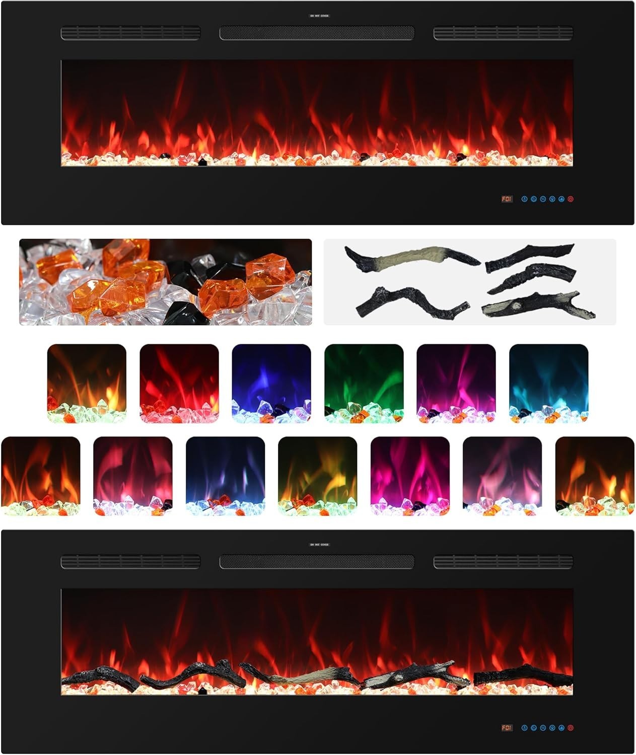 72” Wall Mounted Electric Fireplace LED Heater Remote WiFi 13 Flame Colours