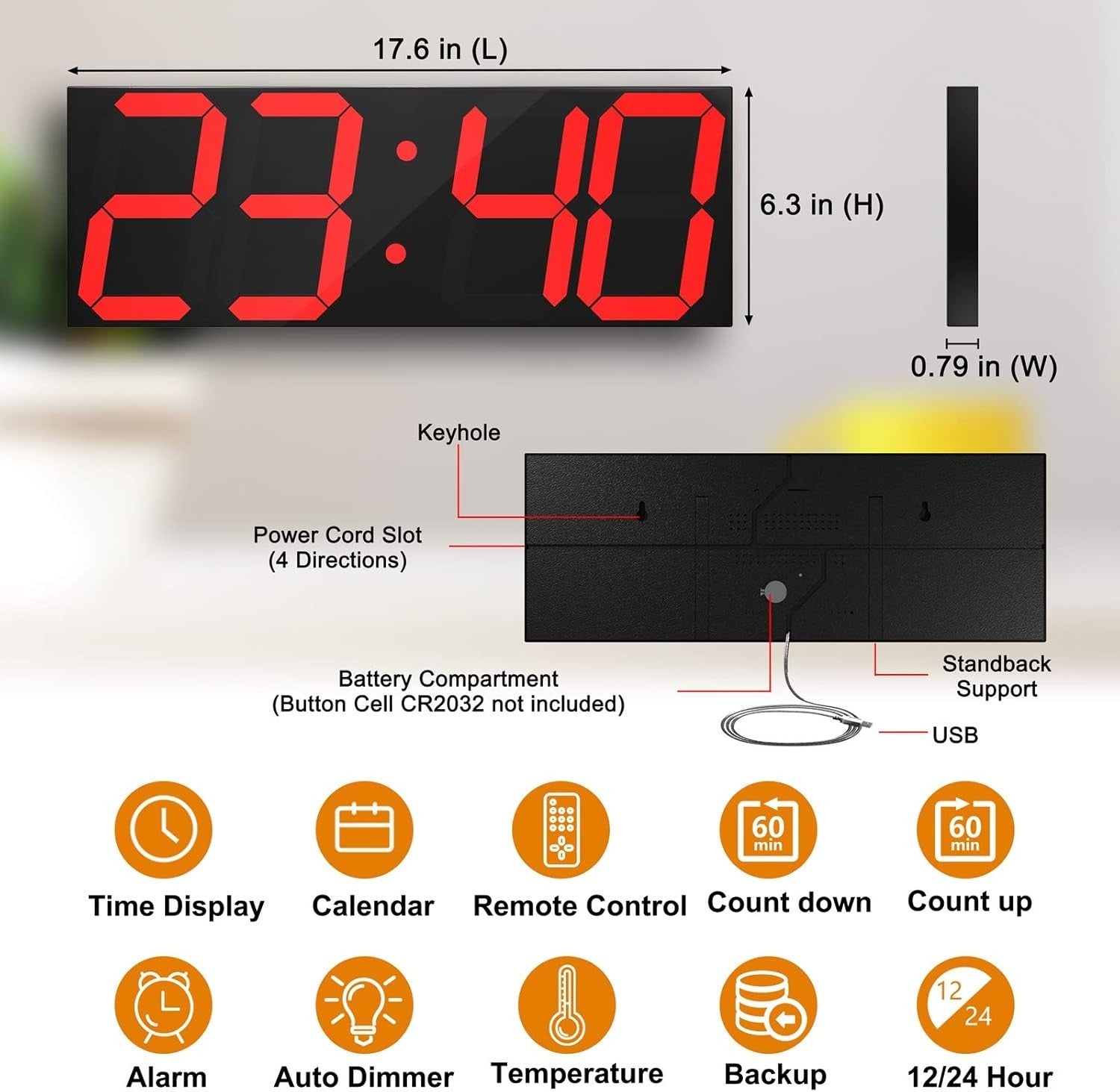 18" LED Wall Clock Red Display Timer Thermometer Calendar USB Mountable