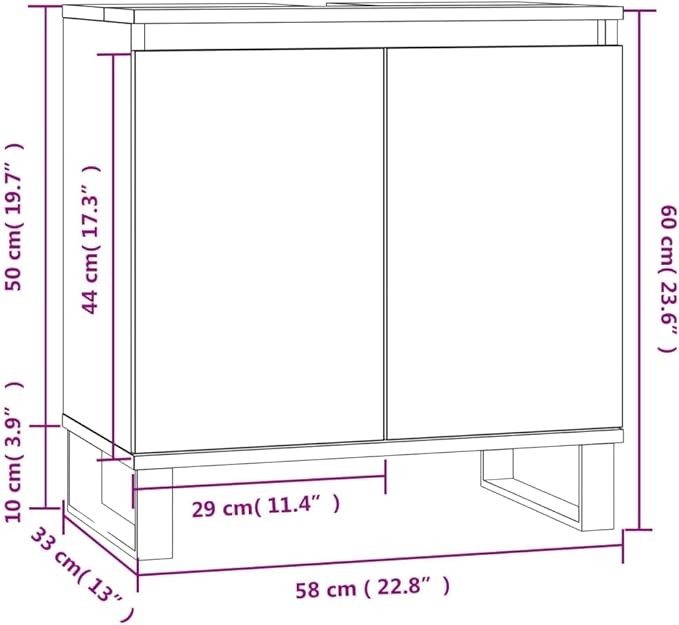 Brown Under Sink Bathroom Cabinet 58cm Modern Vanity Unit with Doors & Metal Leg