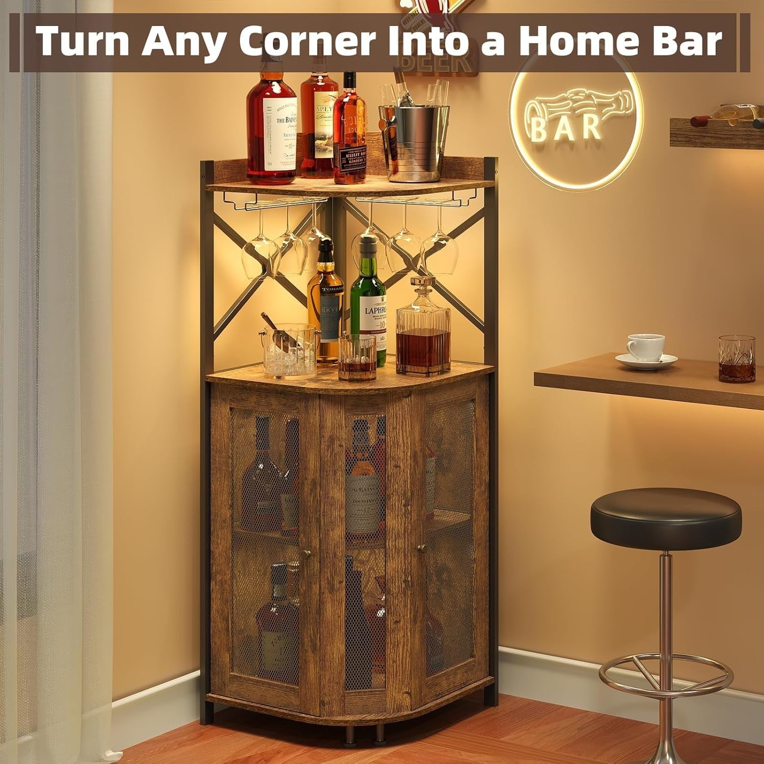 Corner Bar Cabinet with Wine Bottle Rack, Glass Holder & Storage Shelves Rustic