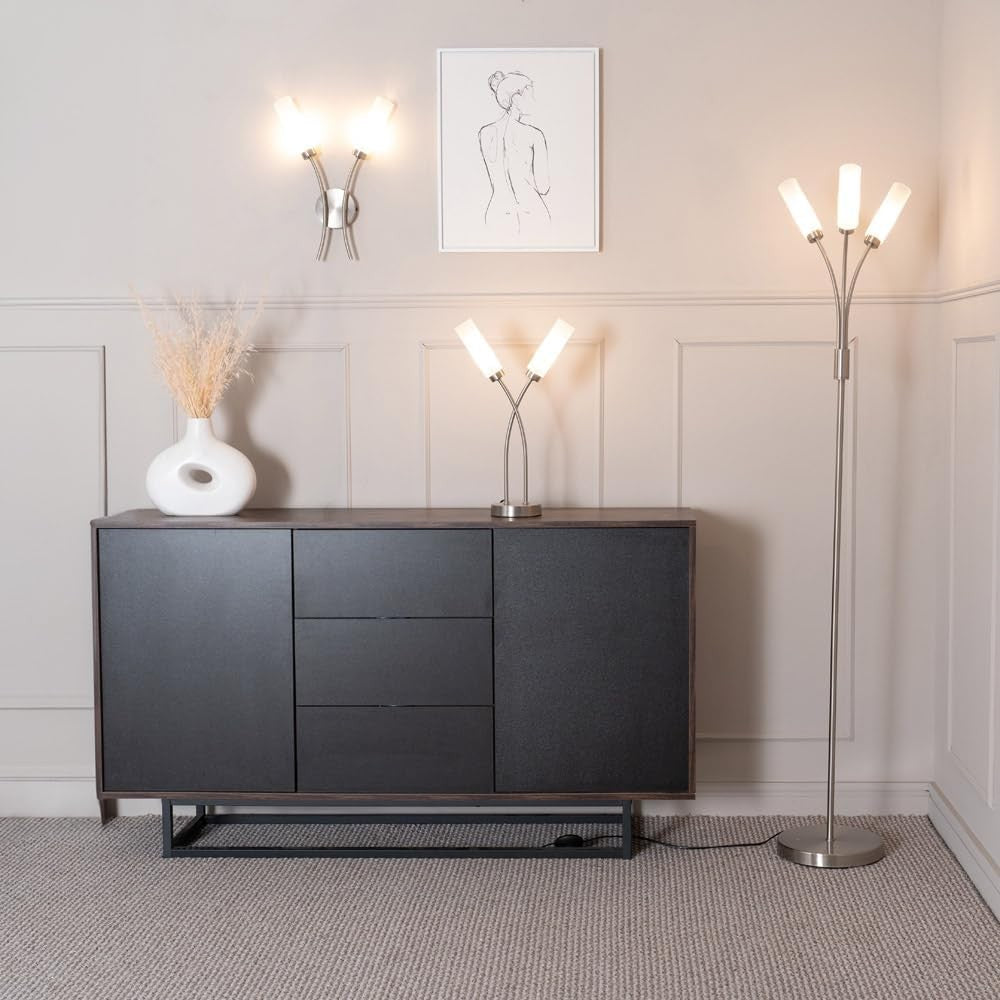 3 Arm Curved Floor Lamp Brushed Chrome Modern Standing Light with Bulbs