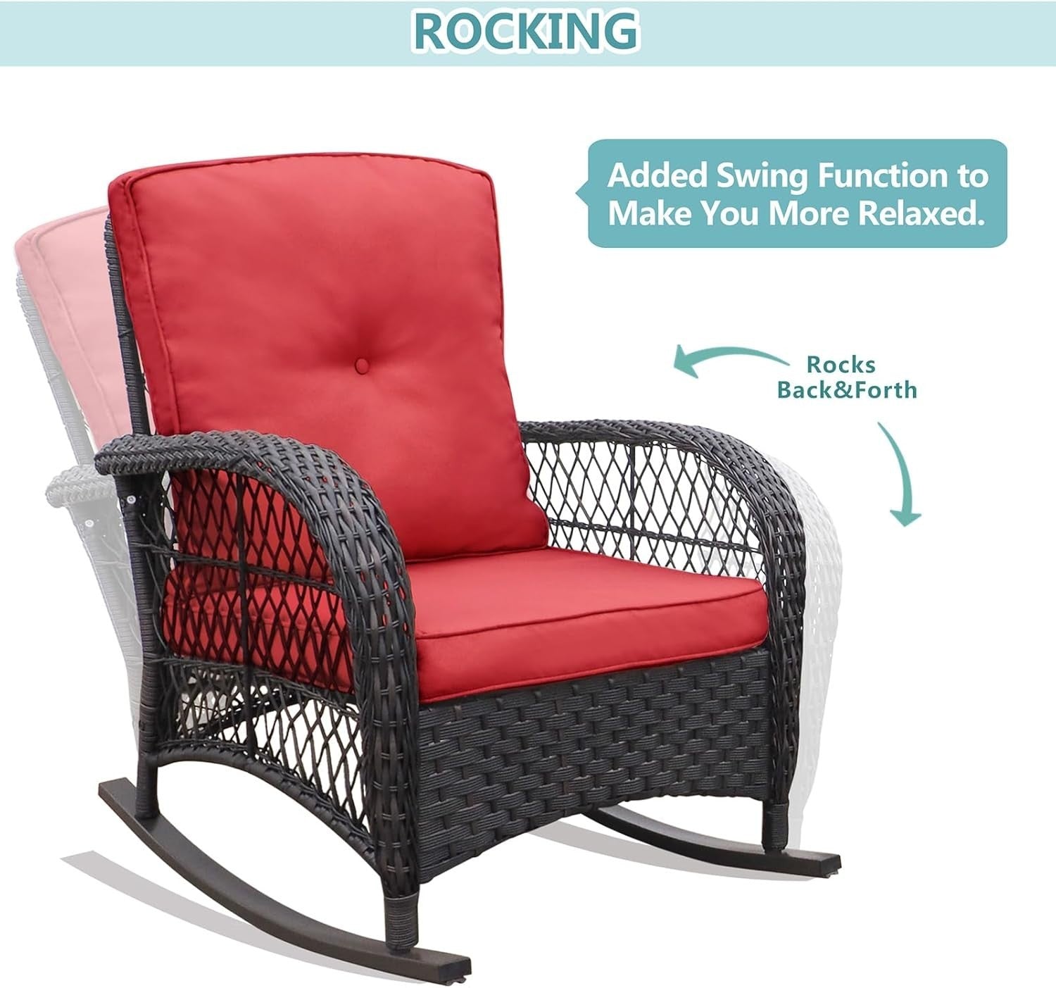2 Seat Rattan Rocking Bistro Set w/ Red Cushions & Glass Table Outdoor Patio