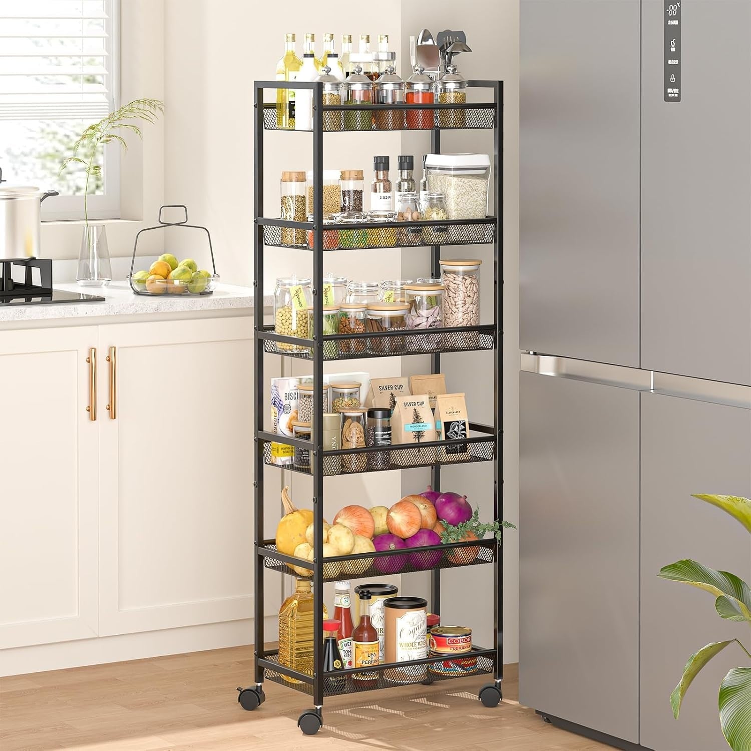 6 Tier Slim Rolling Storage Cart Narrow Utility Shelf with Wheels Black