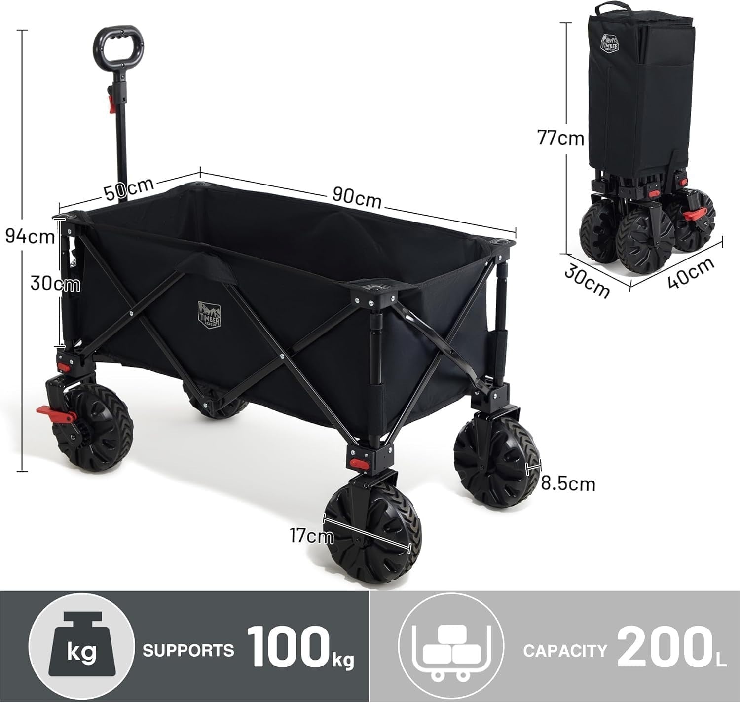 Black 200L Folding Camping Wagon 100kg Heavy Duty Festival Trolley with Brakes