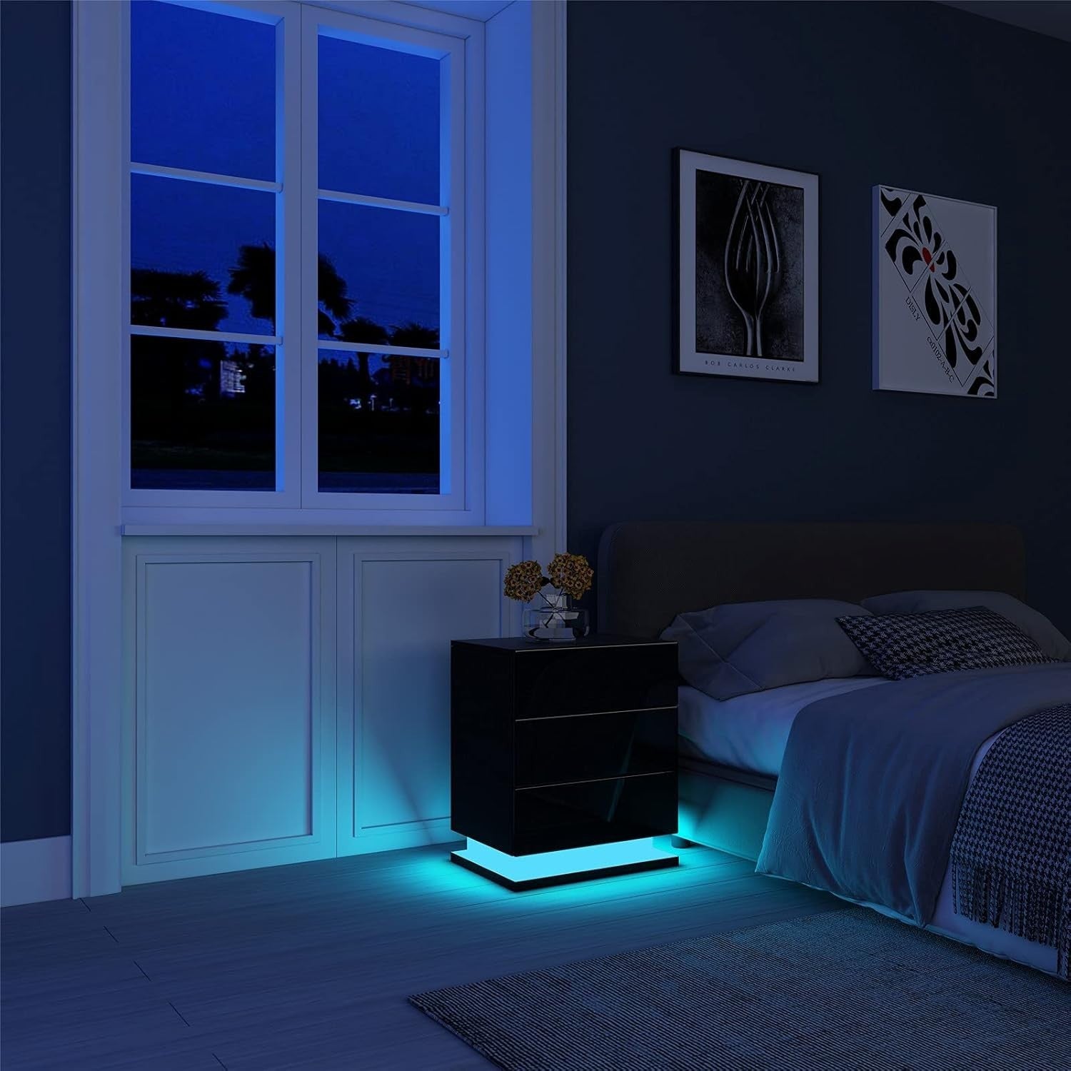 Modern Black LED Bedside Table with 3 Drawers – High Gloss Nightstand
