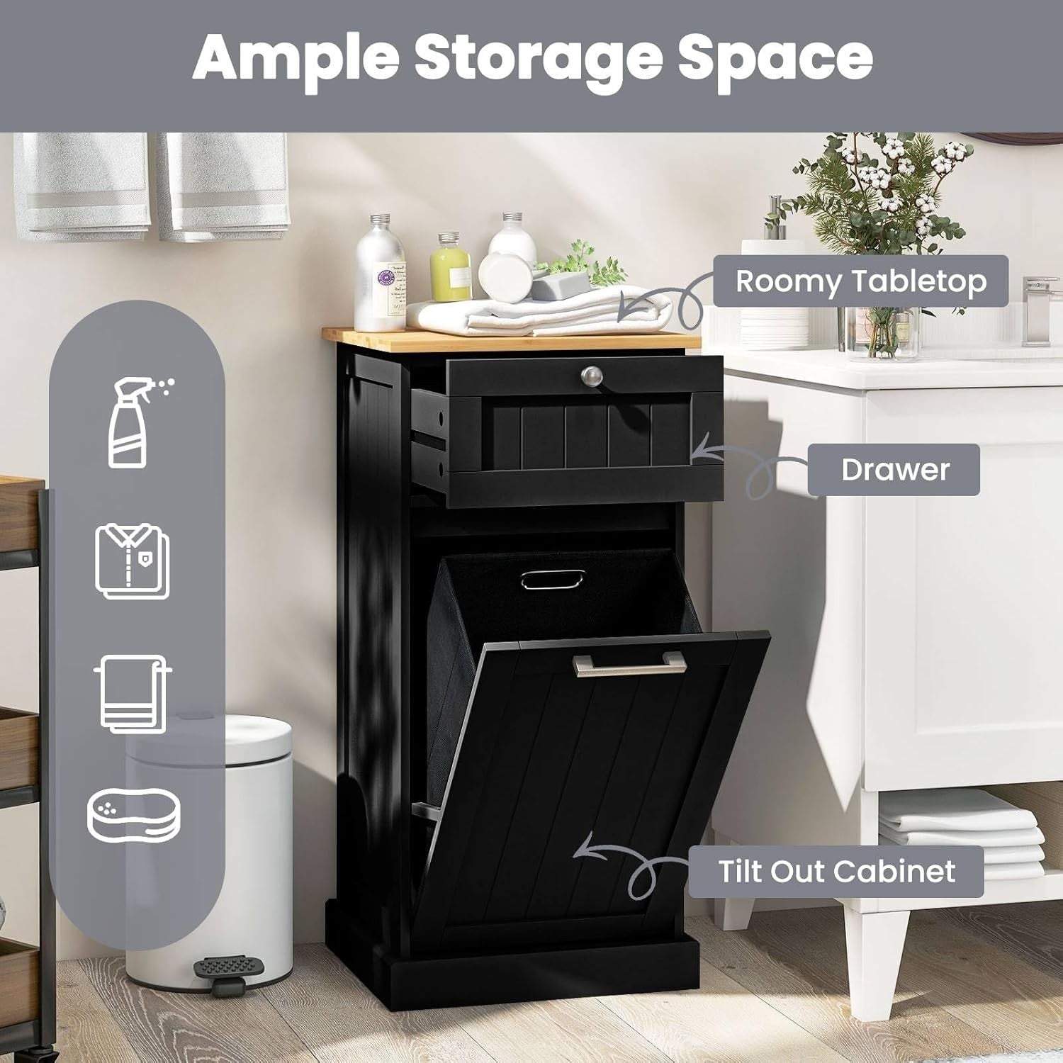 Black Tilt-Out Laundry Hamper Cabinet with Drawer 30L Basket Bathroom Unit