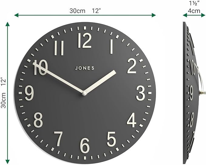 30cm Dark Grey Wall Clock Modern Convex Silent Raised Numbers Home Decor