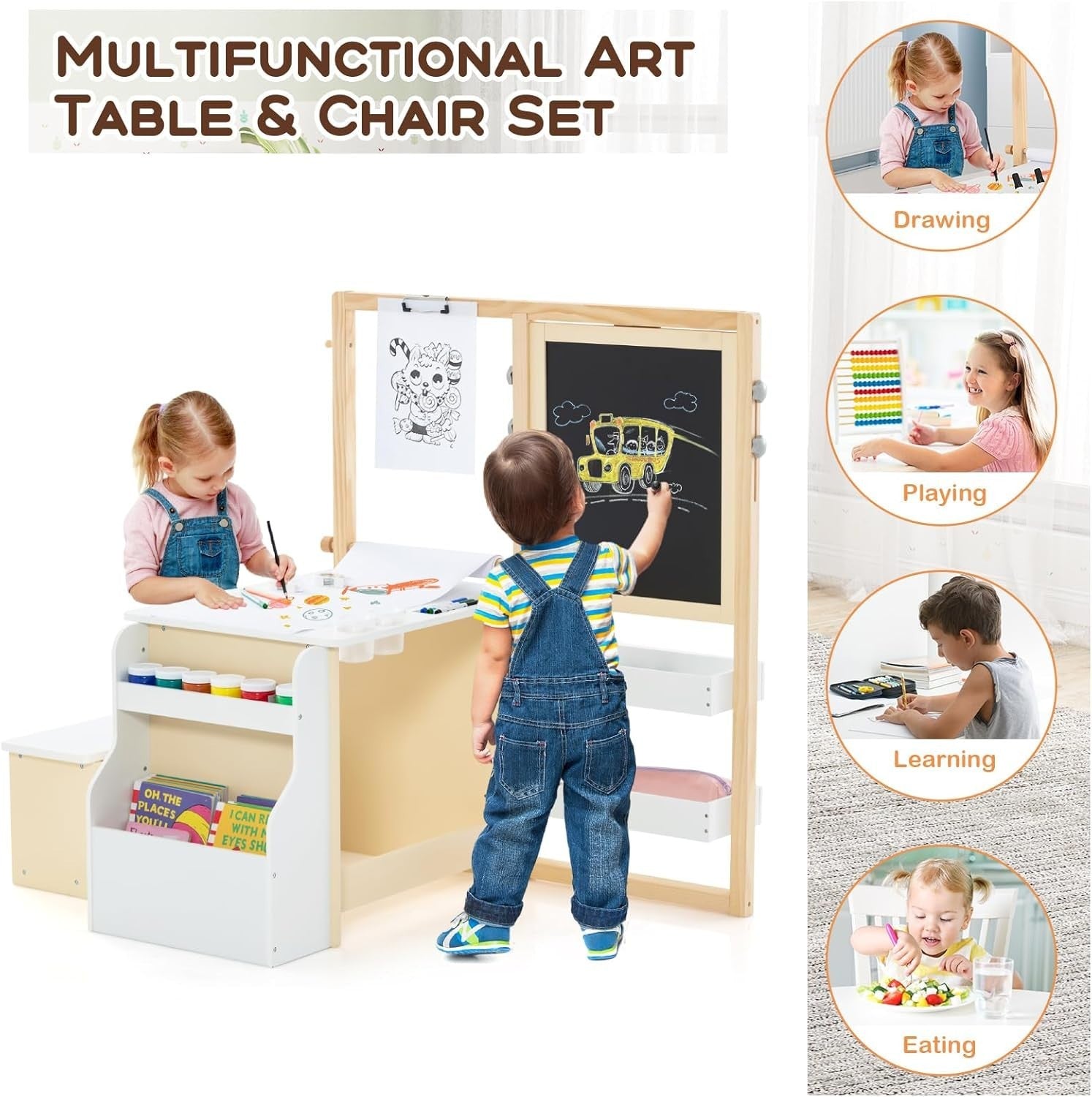 3-in-1 Kids Art Table & Bench Set with Adjustable Easel, Storage & Accessories