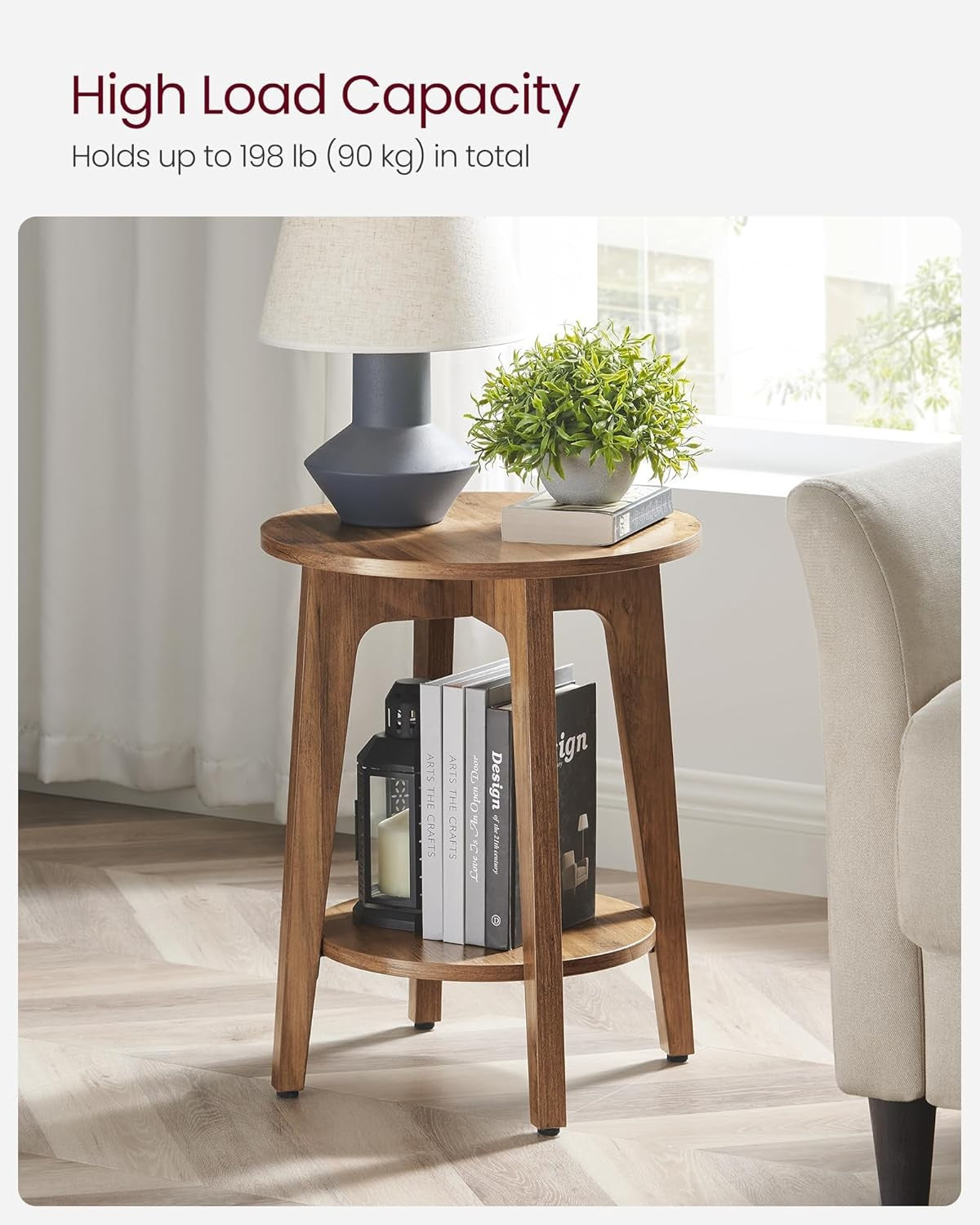 Rustic Round Side Table with Shelf, Small Bedside End Table for Living Rooms