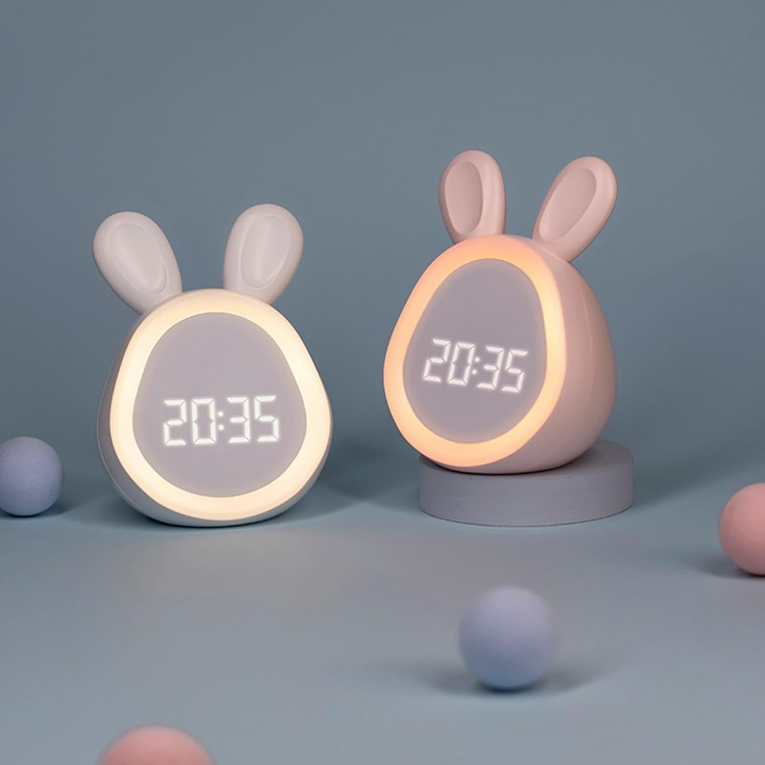 Cute Rabbit Digital Alarm Clock LED Night Light Rechargeable for Heavy Sleepers