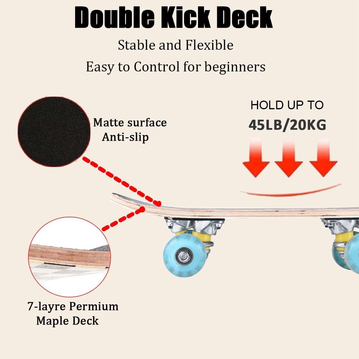 17 Inch Mini Skateboard, Light Up Wheels Kids Beginner Double Kick T Tool