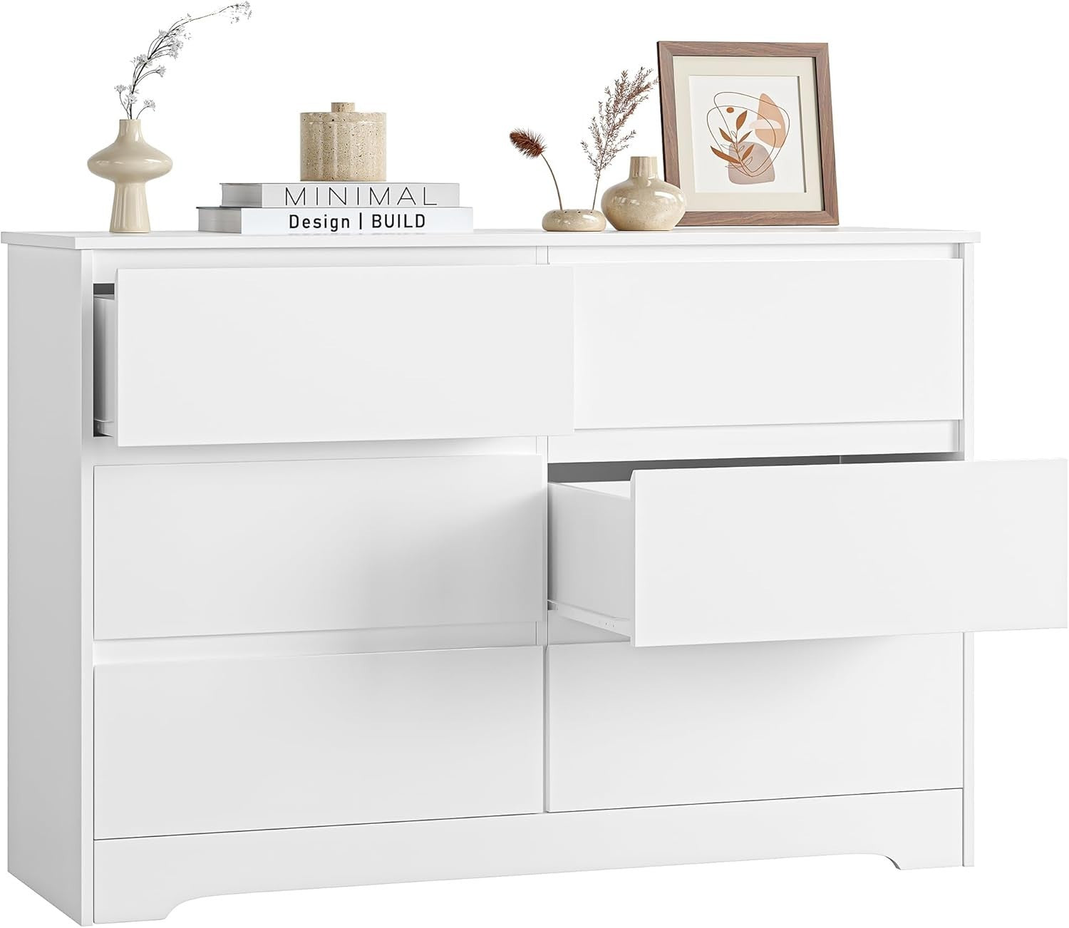 White 6 Drawer Chest Modern Wide Dresser Storage Unit Bedroom Cabinet