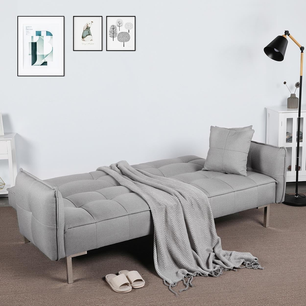 Grey Sofa Bed 3 Seater Click Clack Recliner with Arms & Cushions