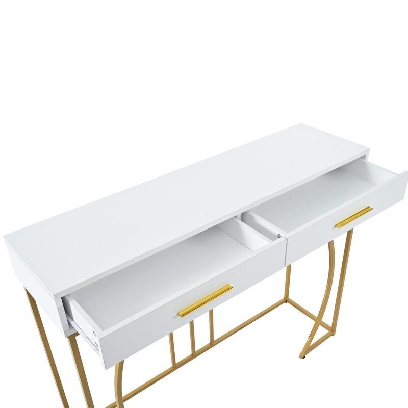 Modern White & Gold Console Table with 2 Drawers – 110cm MDF Metal Frame