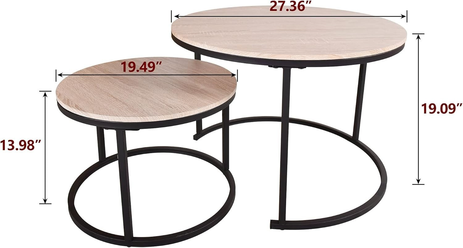 Round Coffee Table Set of 2 End Tables Living Room Stackable Wood Metal Oak