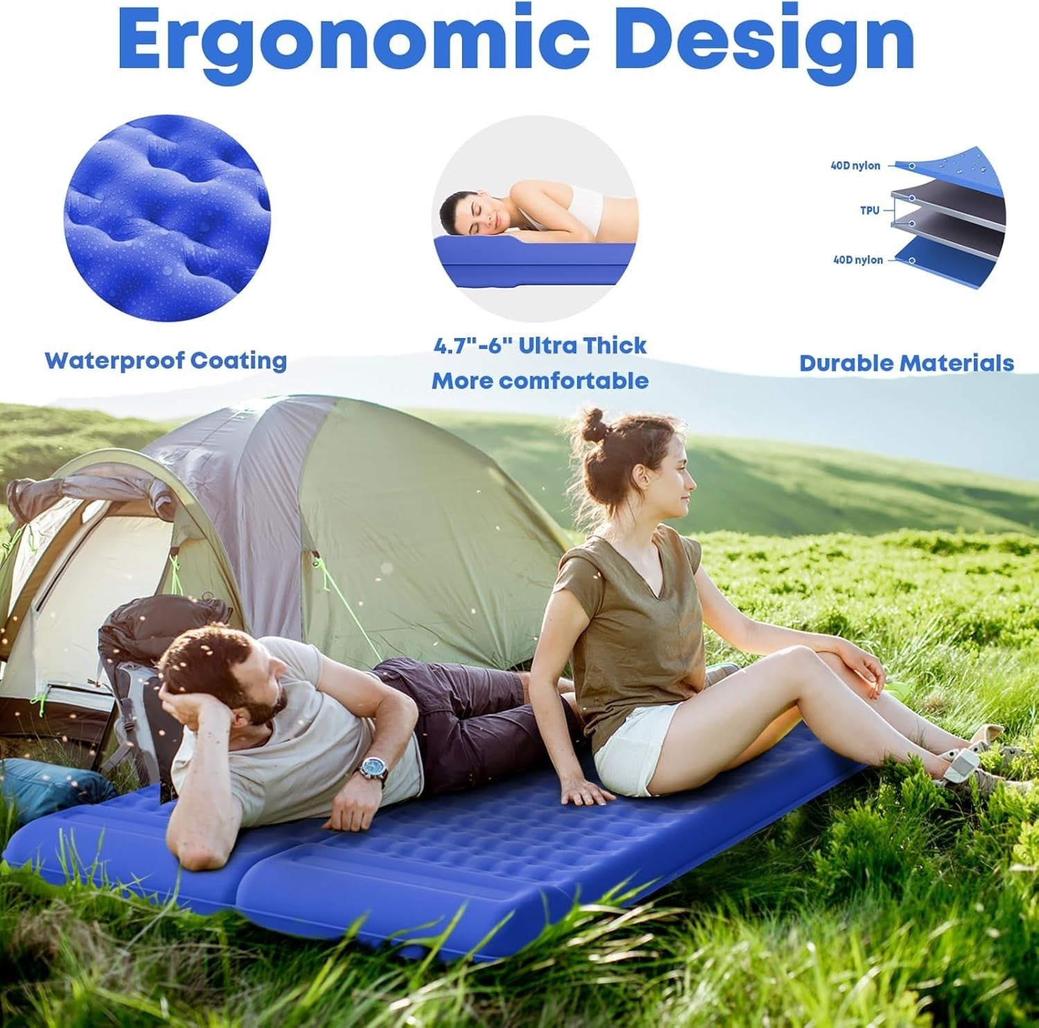 Extra Thick Camping Air Mattress 12–15cm Built-In Foot Pump Pillow Pad Blue