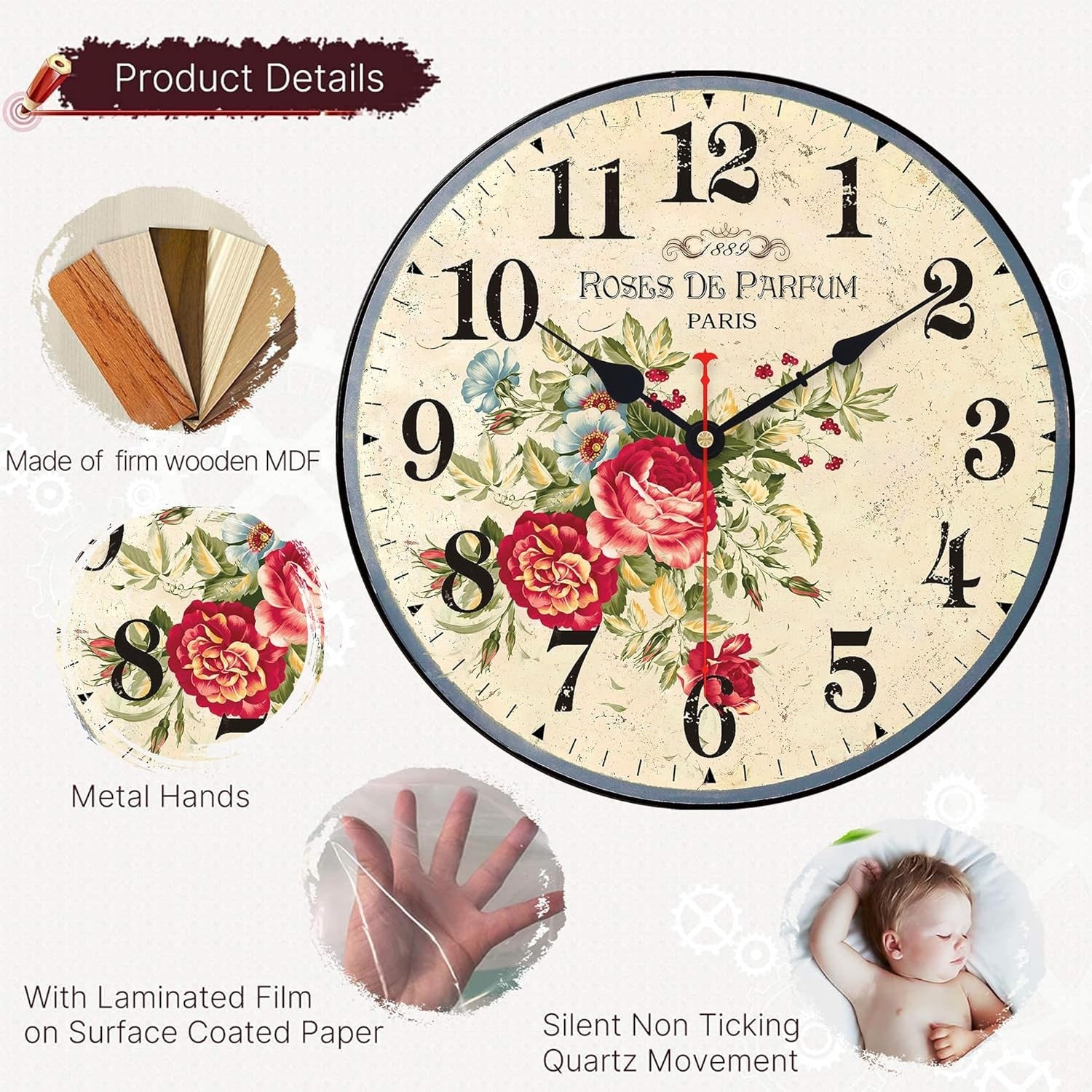14” Vintage Floral Wall Clock Silent Non-Ticking Wooden Rustic Arabic Numeral