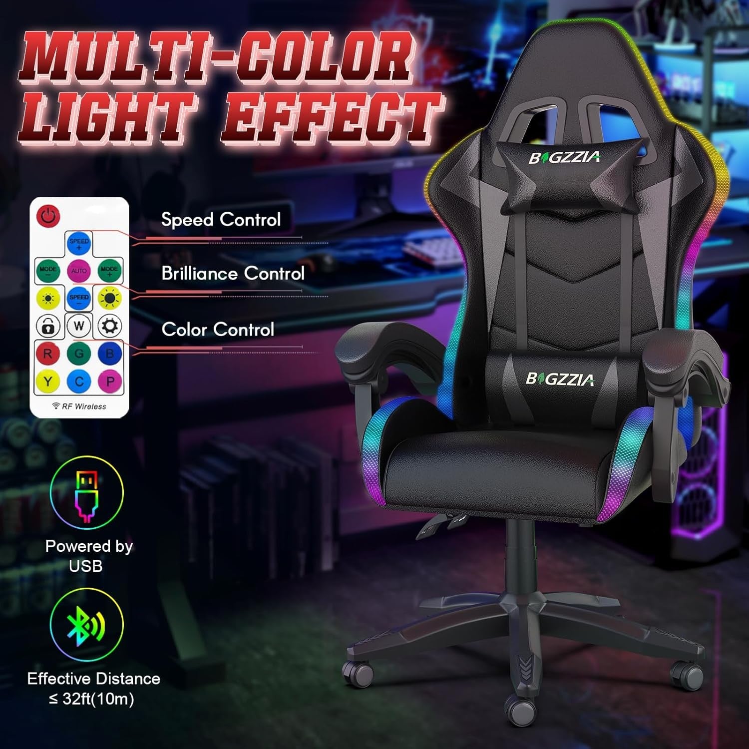 RGB Gaming Chair LED Lights Reclining PU Leather Swivel Black