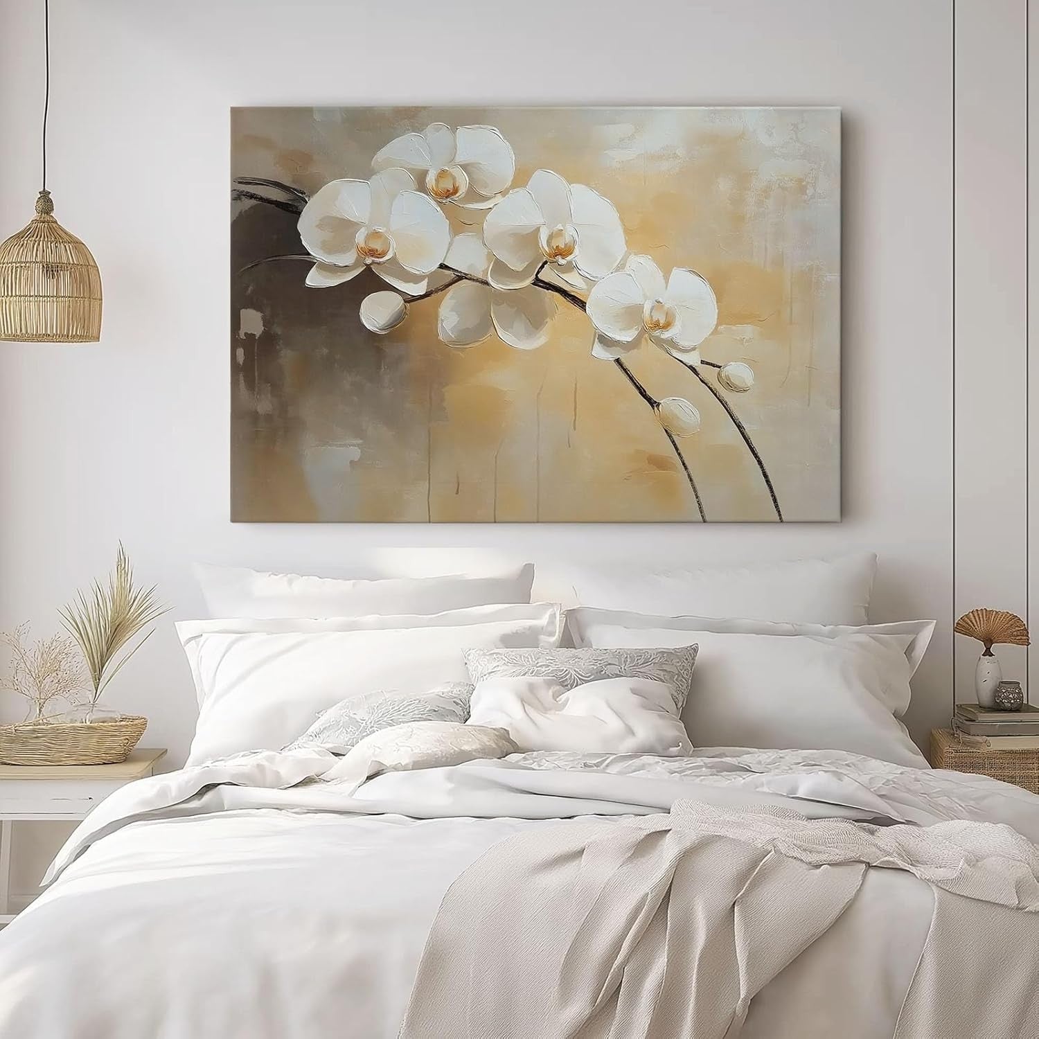 Large White Beige Orchid Canvas Wall Art Modern Print 60x40cm