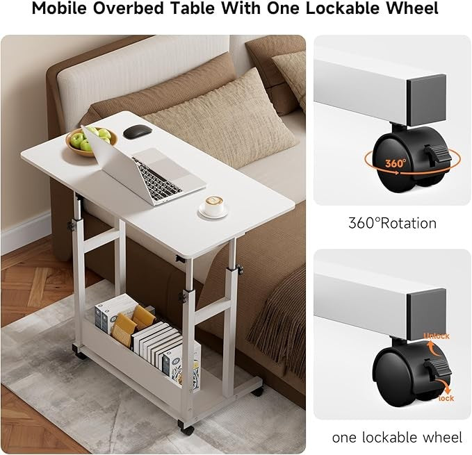 Mobile Computer Desk Adjustable Height Laptop Table with Wheels 80x45cm