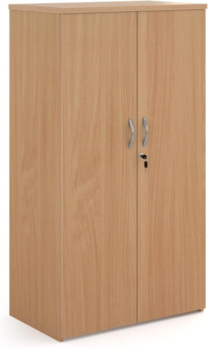 Beech Wood Storage Cupboard 3 Shelves Lockable Double Door Office Cabinet 144cm