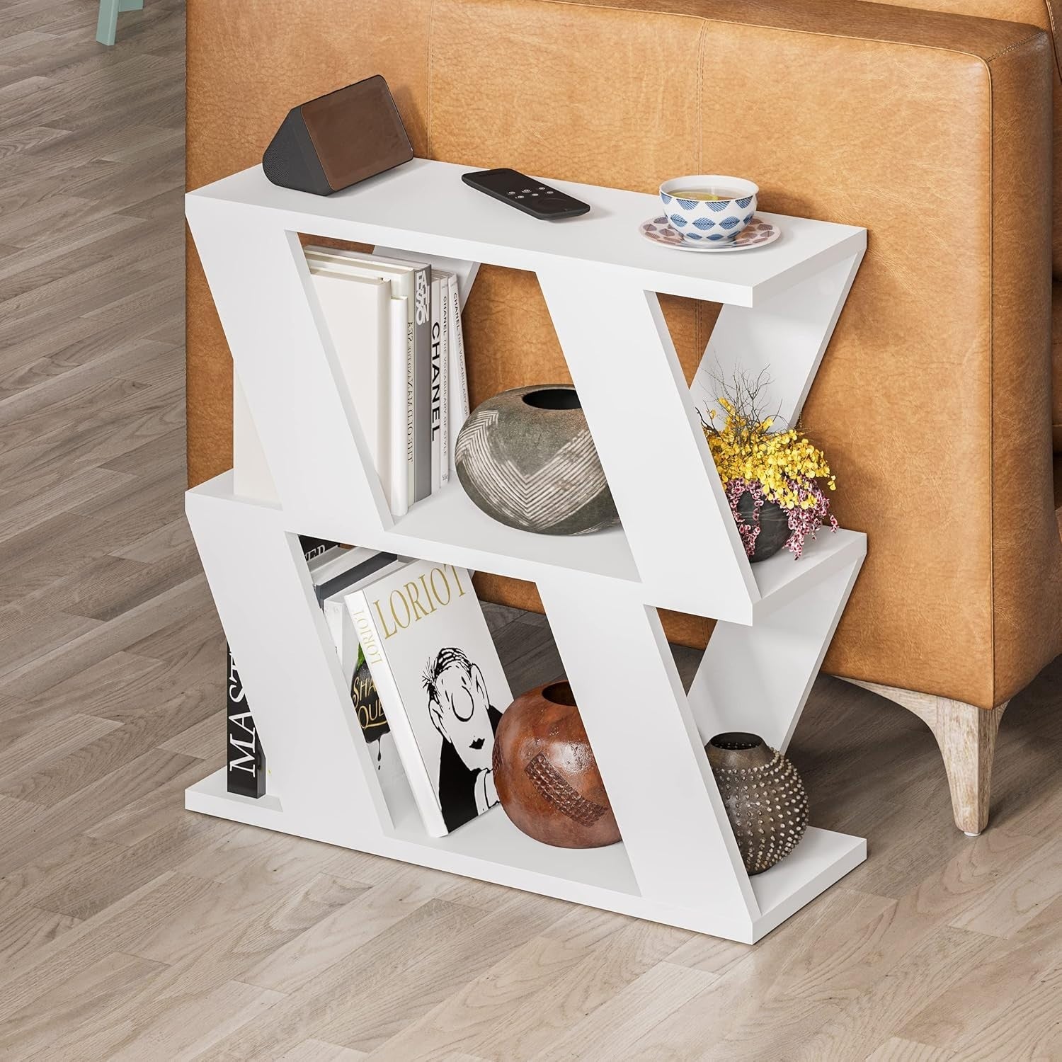 White Slim Side Table with Storage | 2 Tier Narrow Shelf Unit 60cm