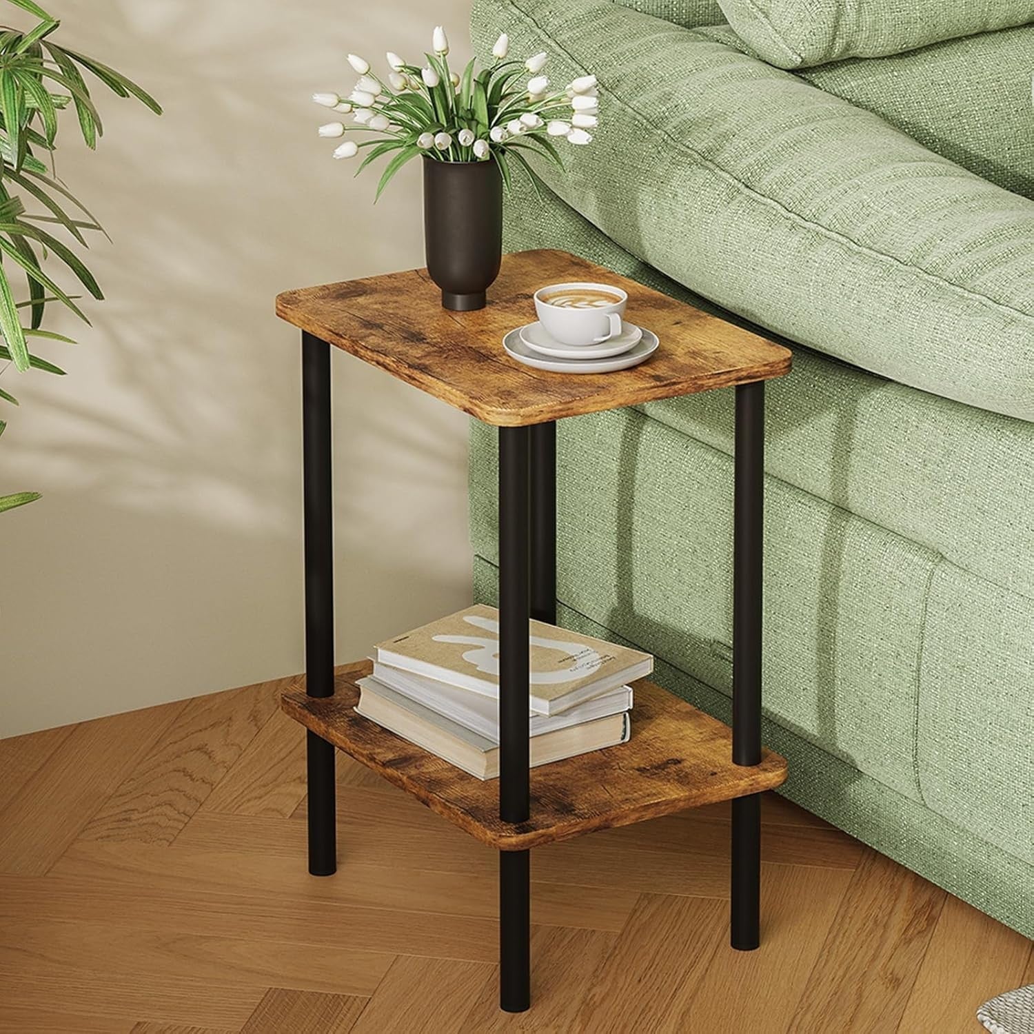 2 Tier Side Table with Shelf Small Bedside Table for Living Room & Bedroom