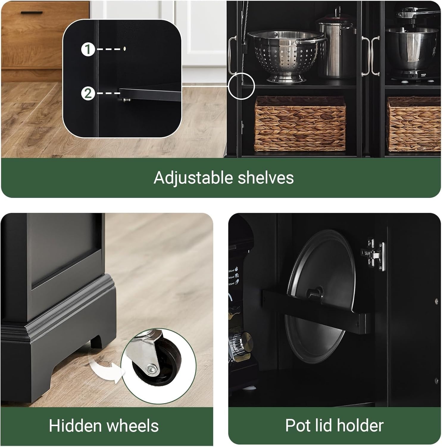 Black Rolling Kitchen Island Extendable Worktop 115cm