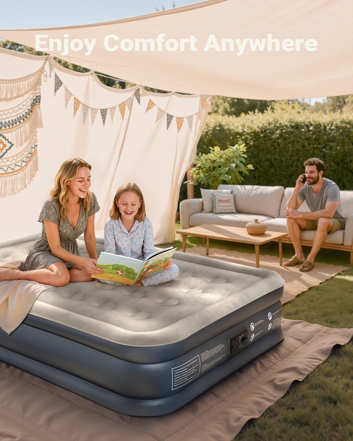 Double Air Mattress with Built-In Pump Quick Inflate Flocked Surface 295kg Max