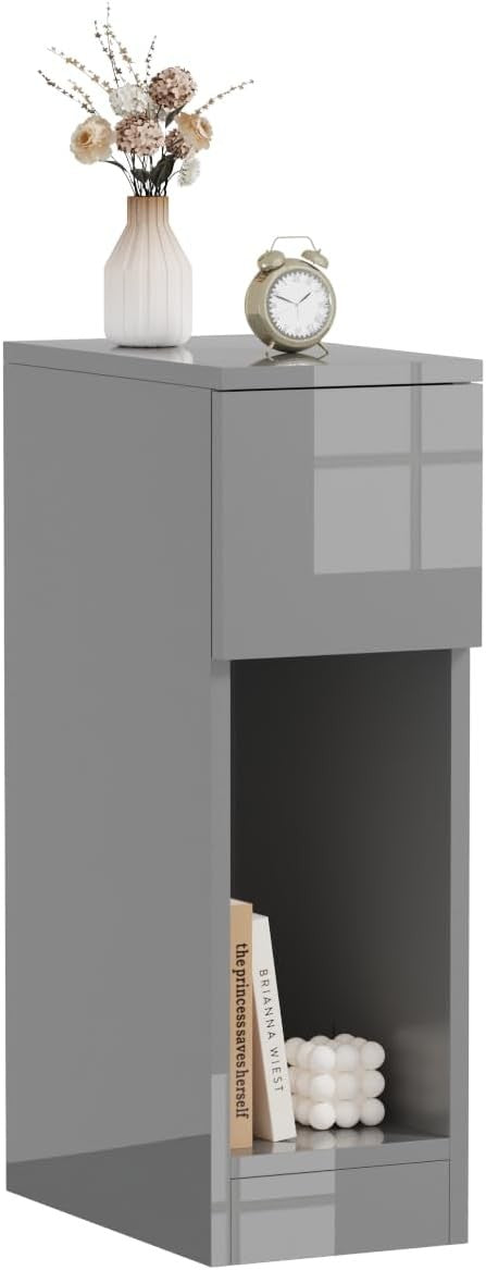 Slim Grey High Gloss Bedside Table with Drawer & Shelf Narrow Nightstand