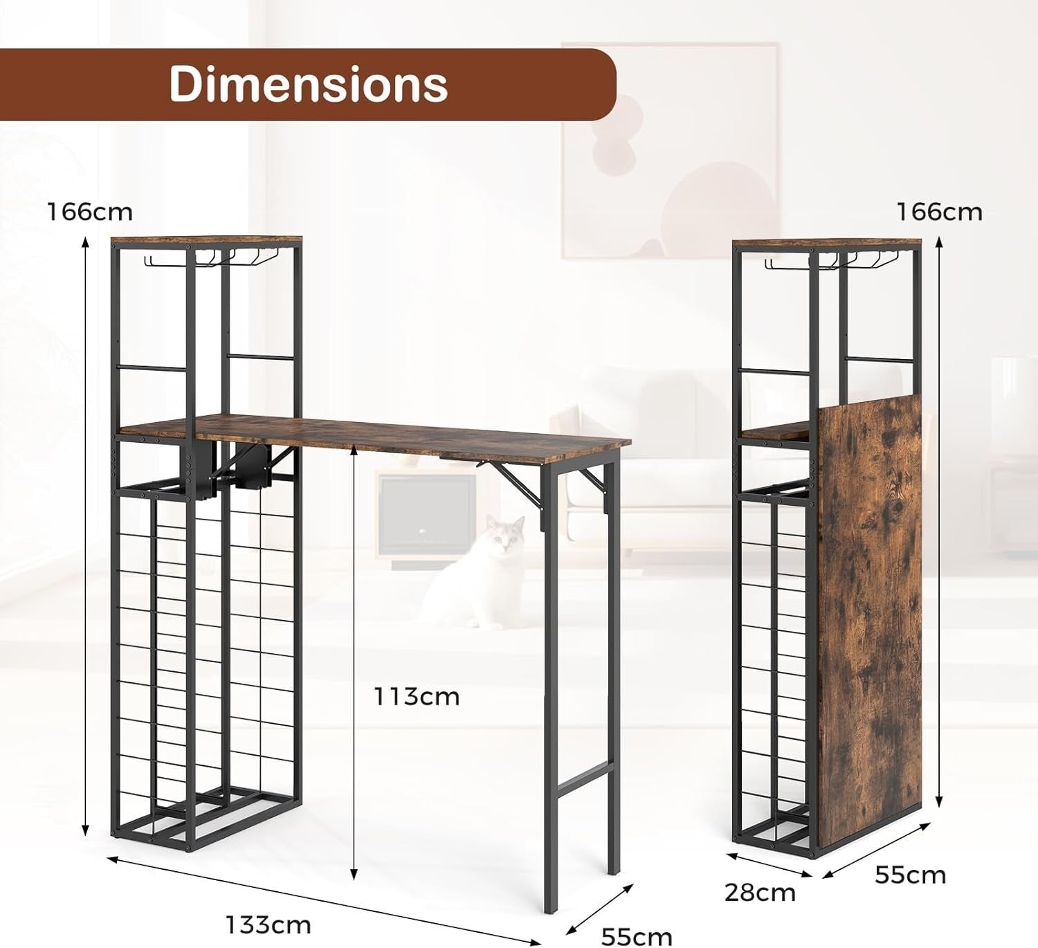 Foldable Bar Dining Table with Wine Rack, 2-Tier Storage, Rustic Brown Metal