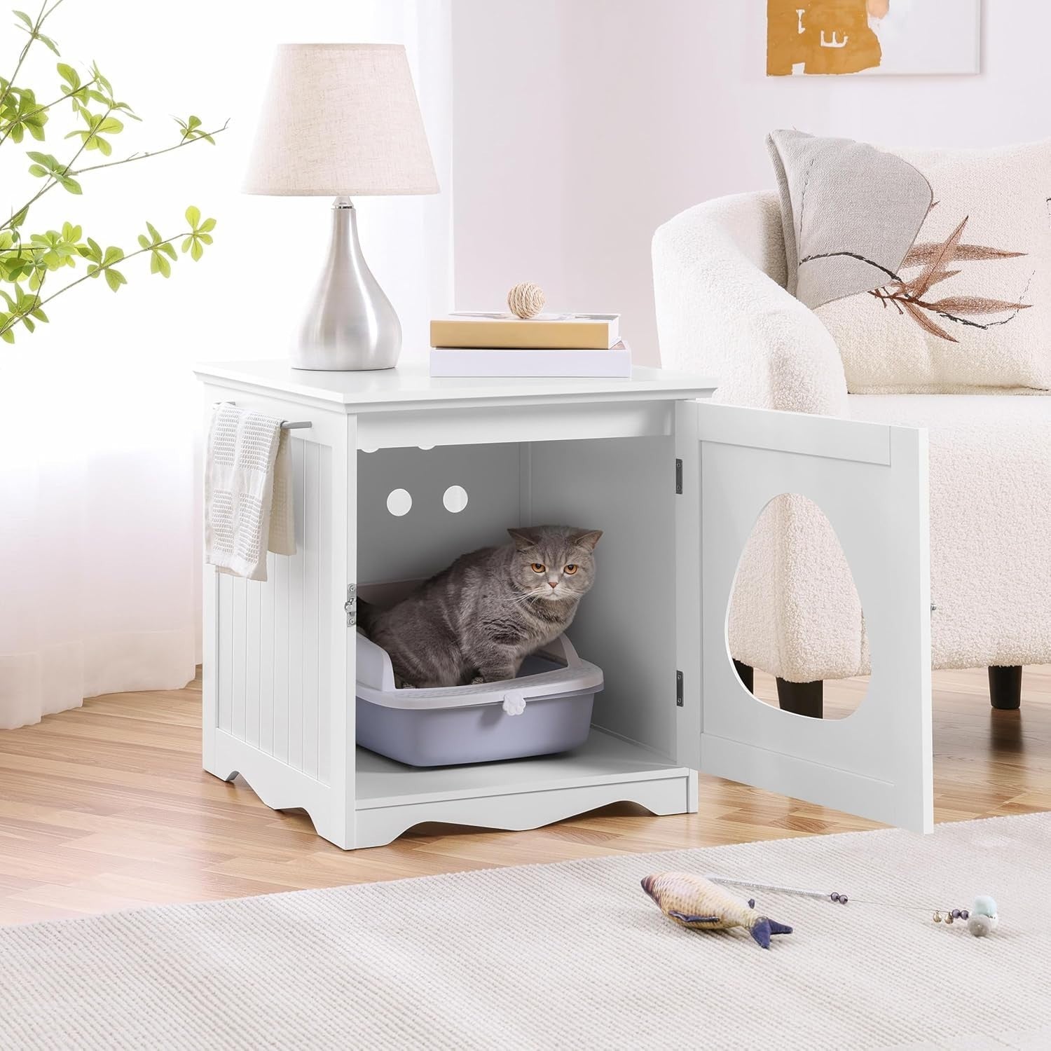 Hidden Cat Litter Box Furniture with Towel Bar, Enclosed Cabinet White