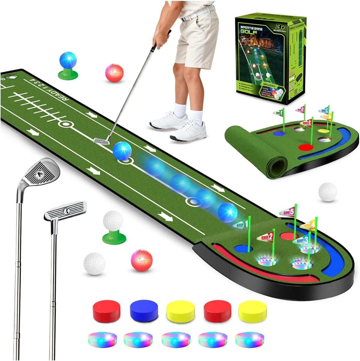 Indoor Golf Putting Mat Game Set LED Balls Glow Cups Kids Adults
