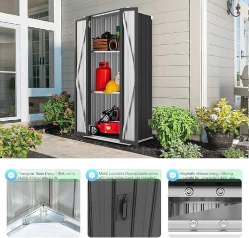 Metal Garden Storage Cabinet with 3 Adjustable Shelves Weatherproof Dark Grey