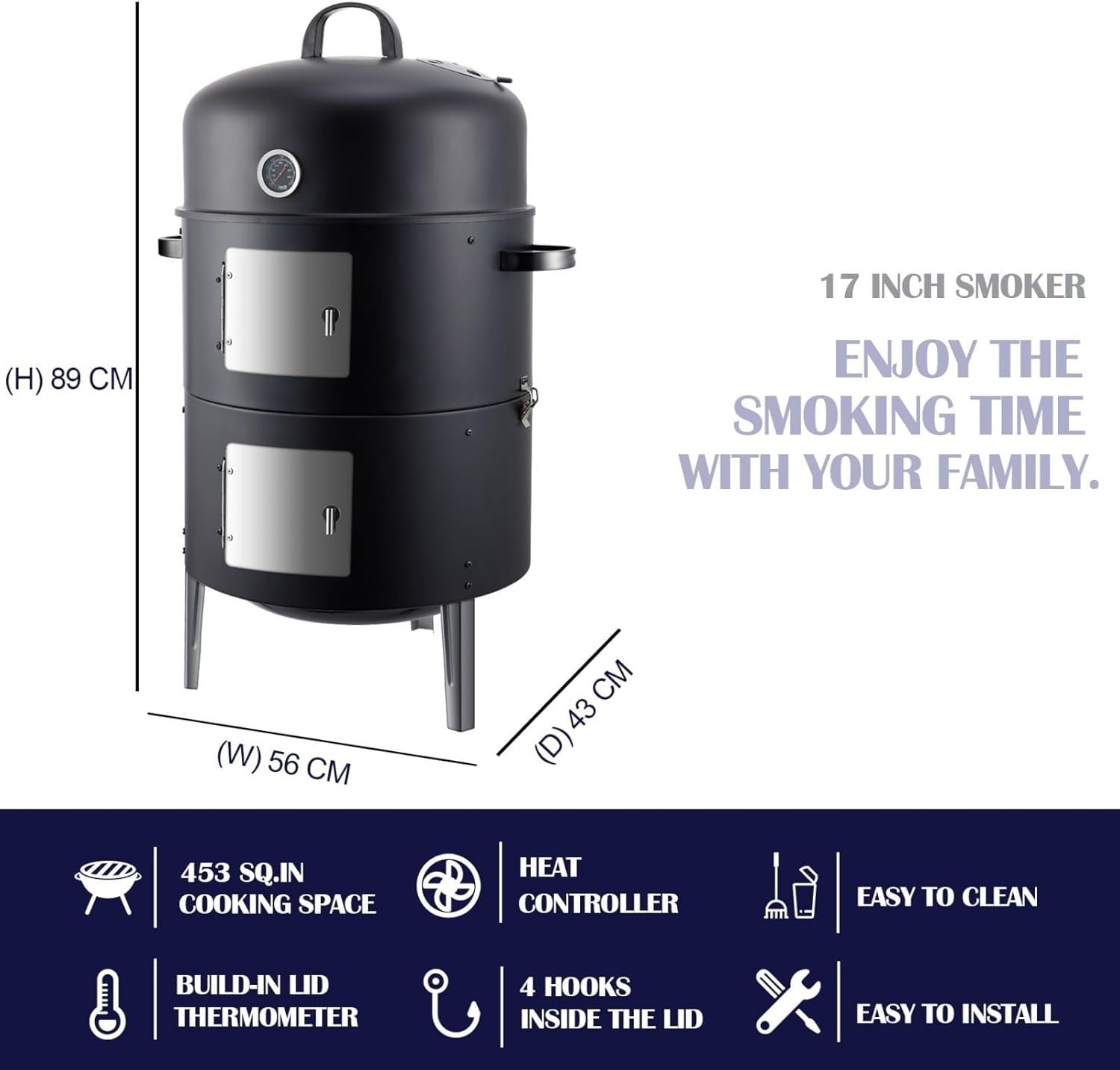 3-in-1 Charcoal BBQ Smoker Grill | Heavy Duty Outdoor Drum | Adjustable Air Vent