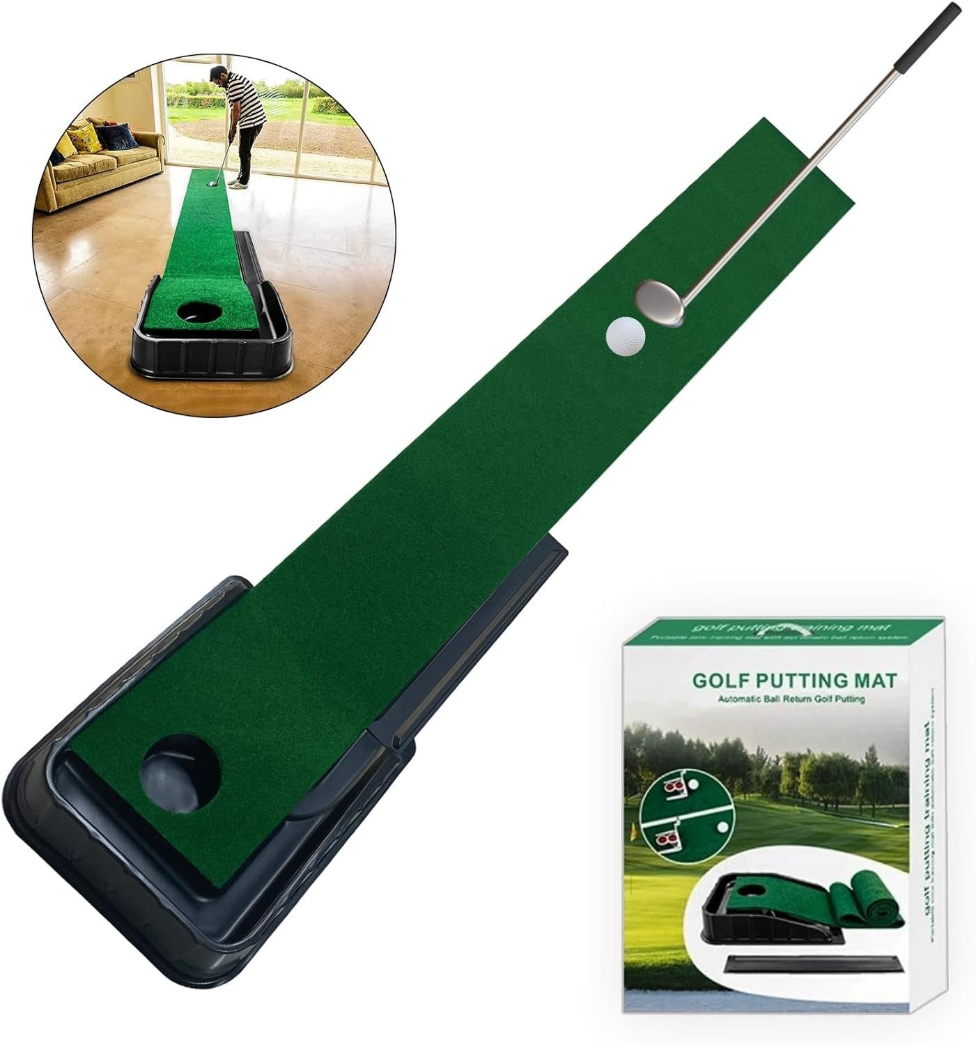 Golf Putting Mat 87" Indoor Practice Green Auto Ball Return Home Office