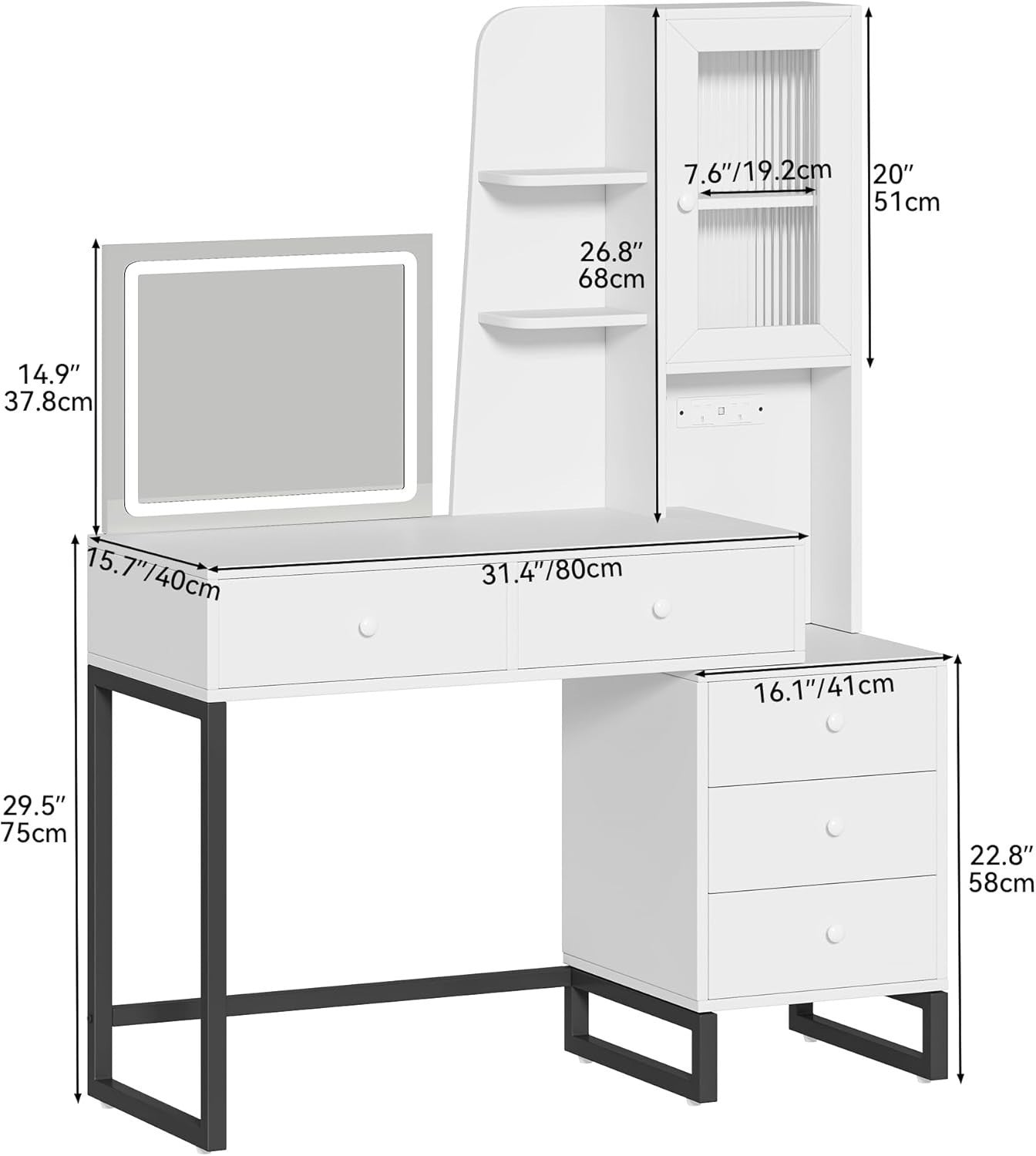 Makeup Vanity Table Mirror LED Lights Storage Drawers Modern White Dressing Desk