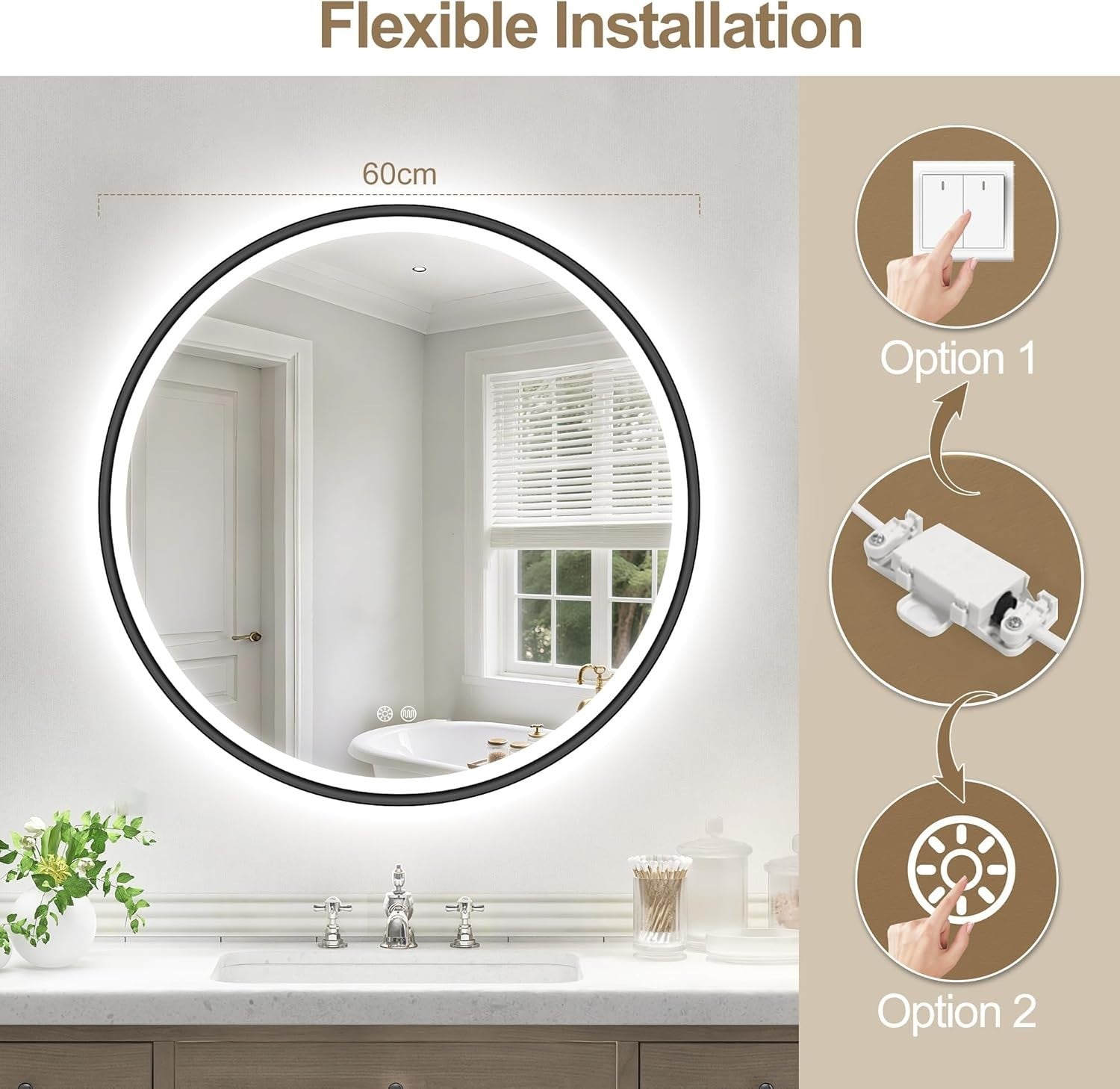 LED Bathroom Mirror 60x60cm Anti-Fog Memory Touch Dimmable