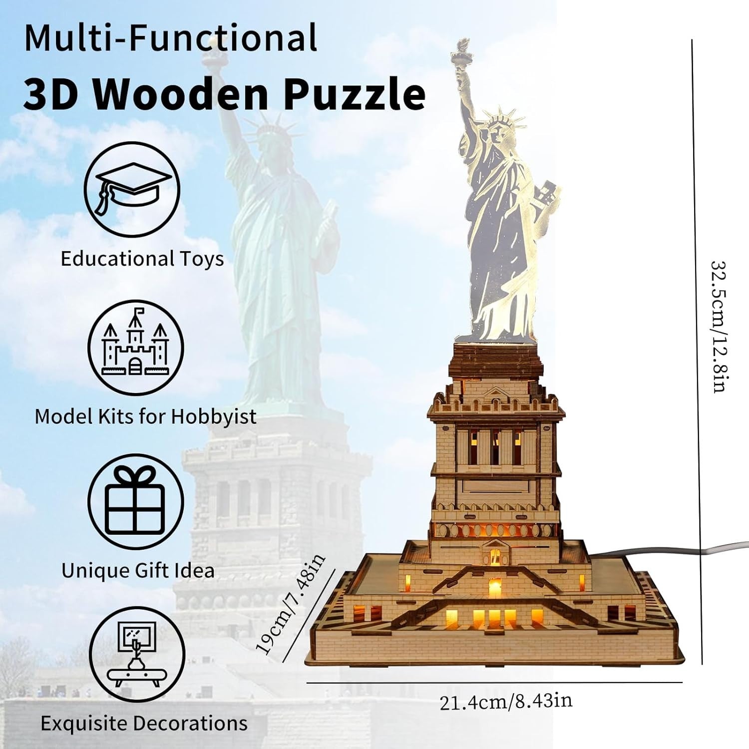 3D Wooden Statue of Liberty Puzzle Model Kit, DIY Craft, Home Decor
