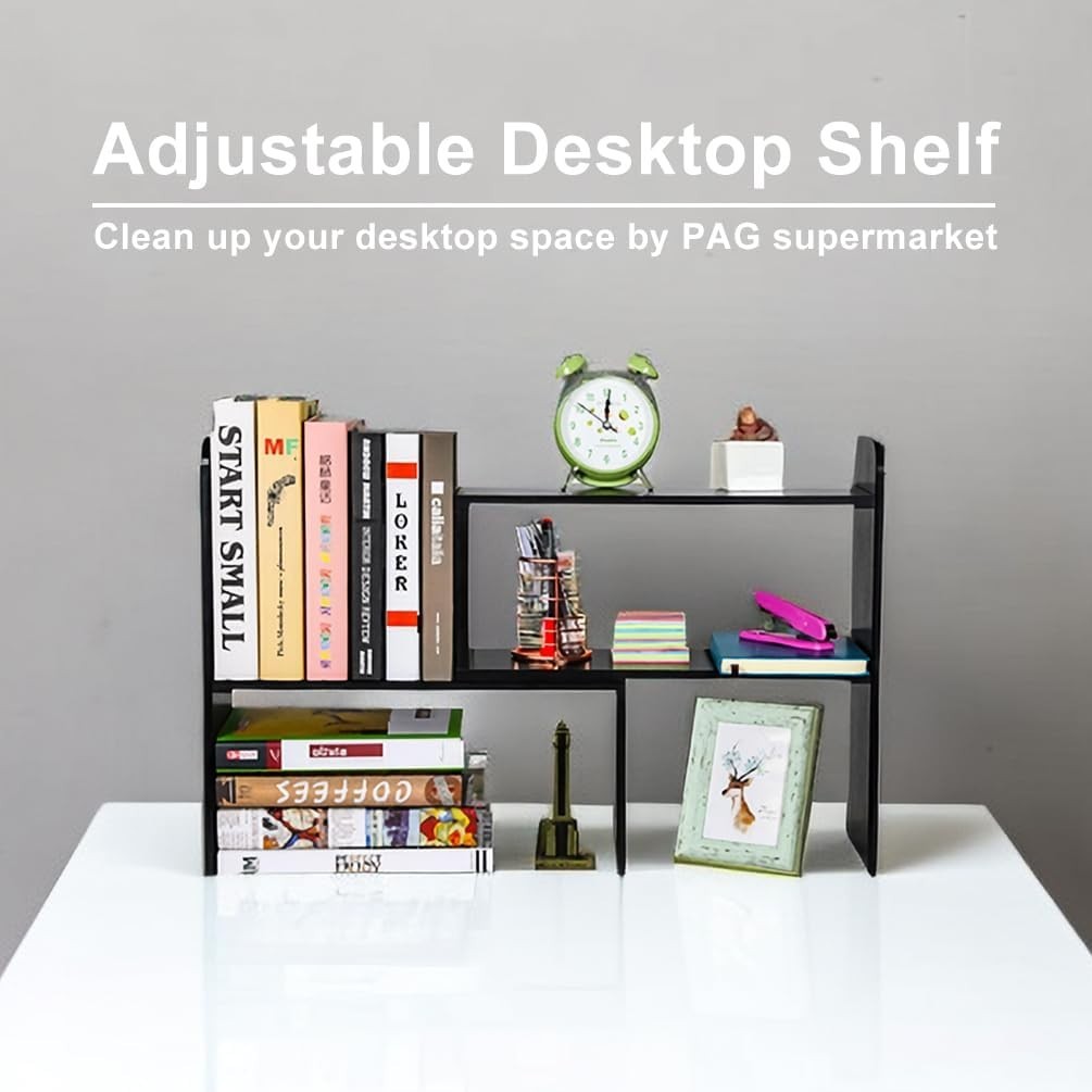 Adjustable 2-Tier Black Wood Desk Bookshelf - Space-Saving Organizer