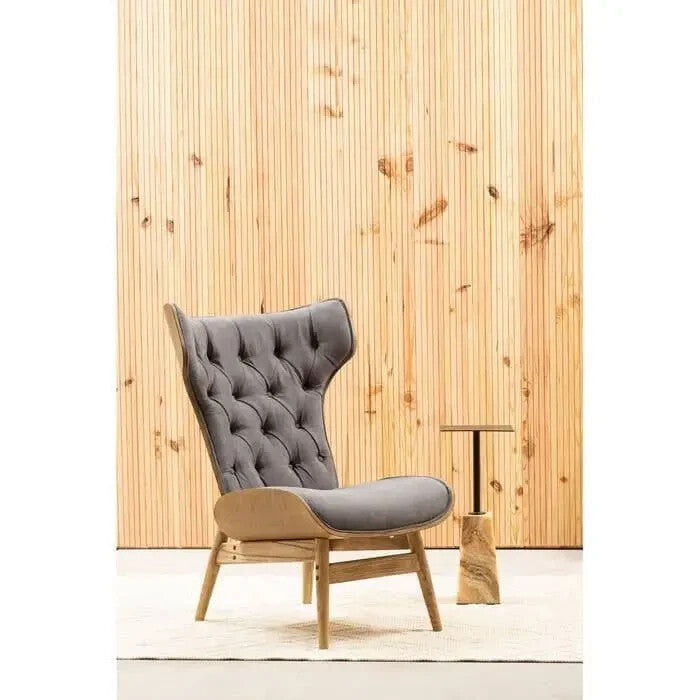 Dark Grey Velvet Wingback Accent Chair Elm Wood Frame Lounge Seat