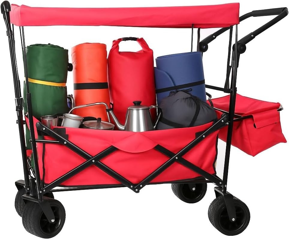 Folding Push Pull Wagon w/ Canopy Heavy Duty 100KG Cart Adjustable Handle Red