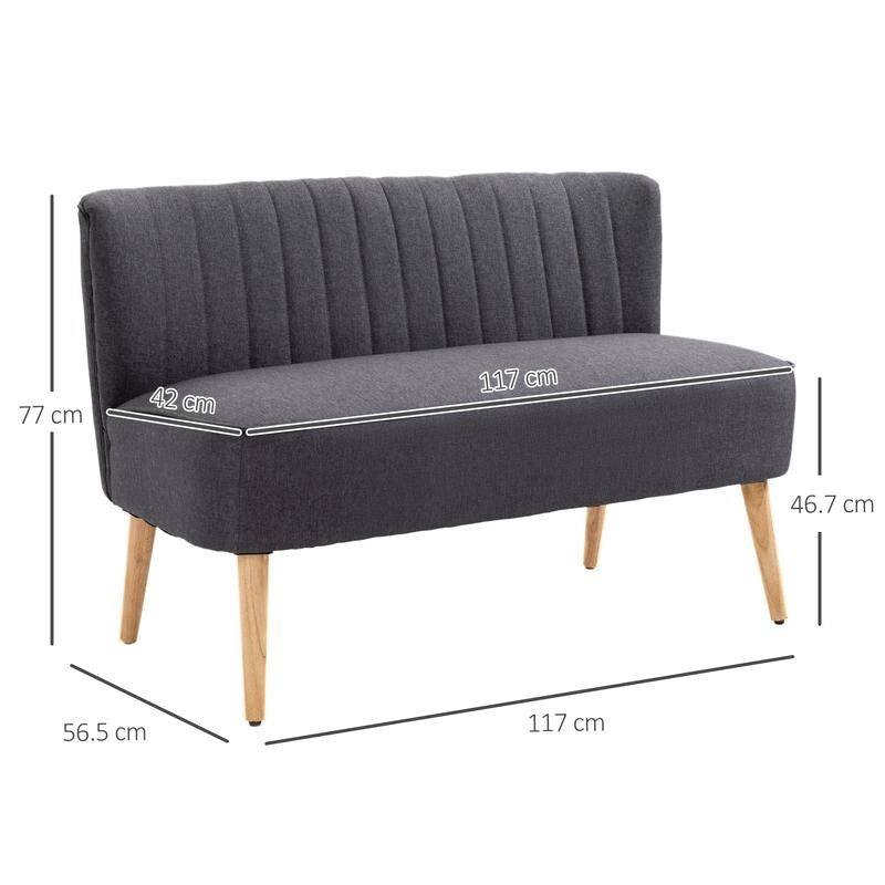 Compact 2 Seater Sofa Dark Grey Linen Padded Seat Wood Legs Small Space