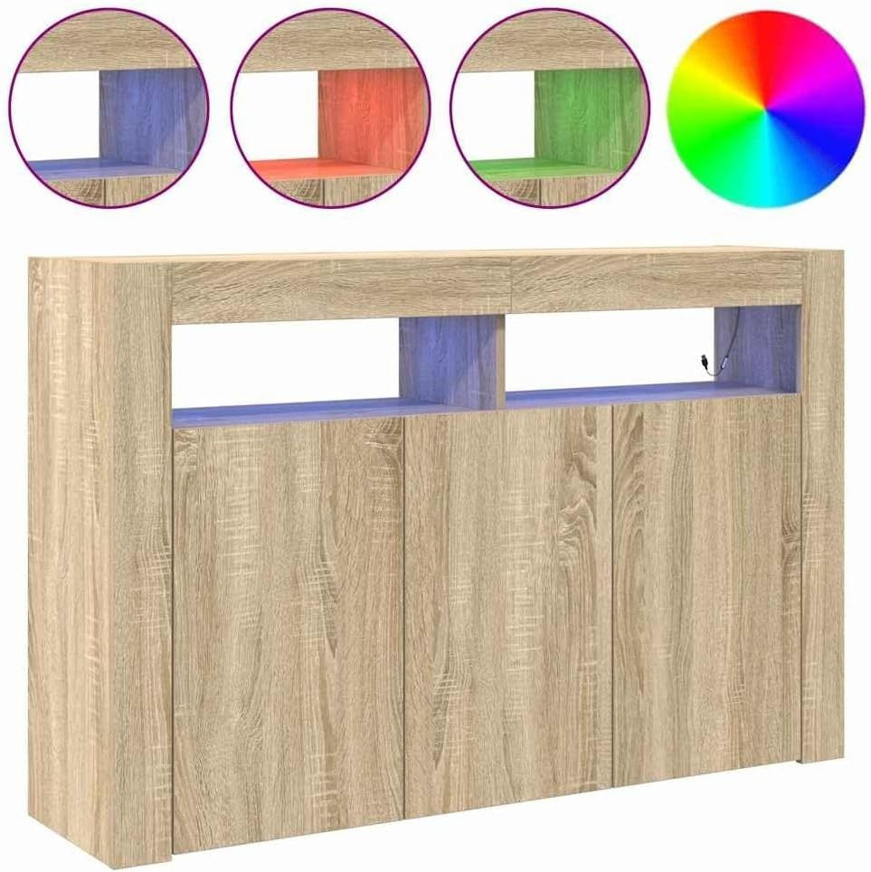 Engineered Wood Sideboard with LED Lights, 8 Compartments, Modern Storage