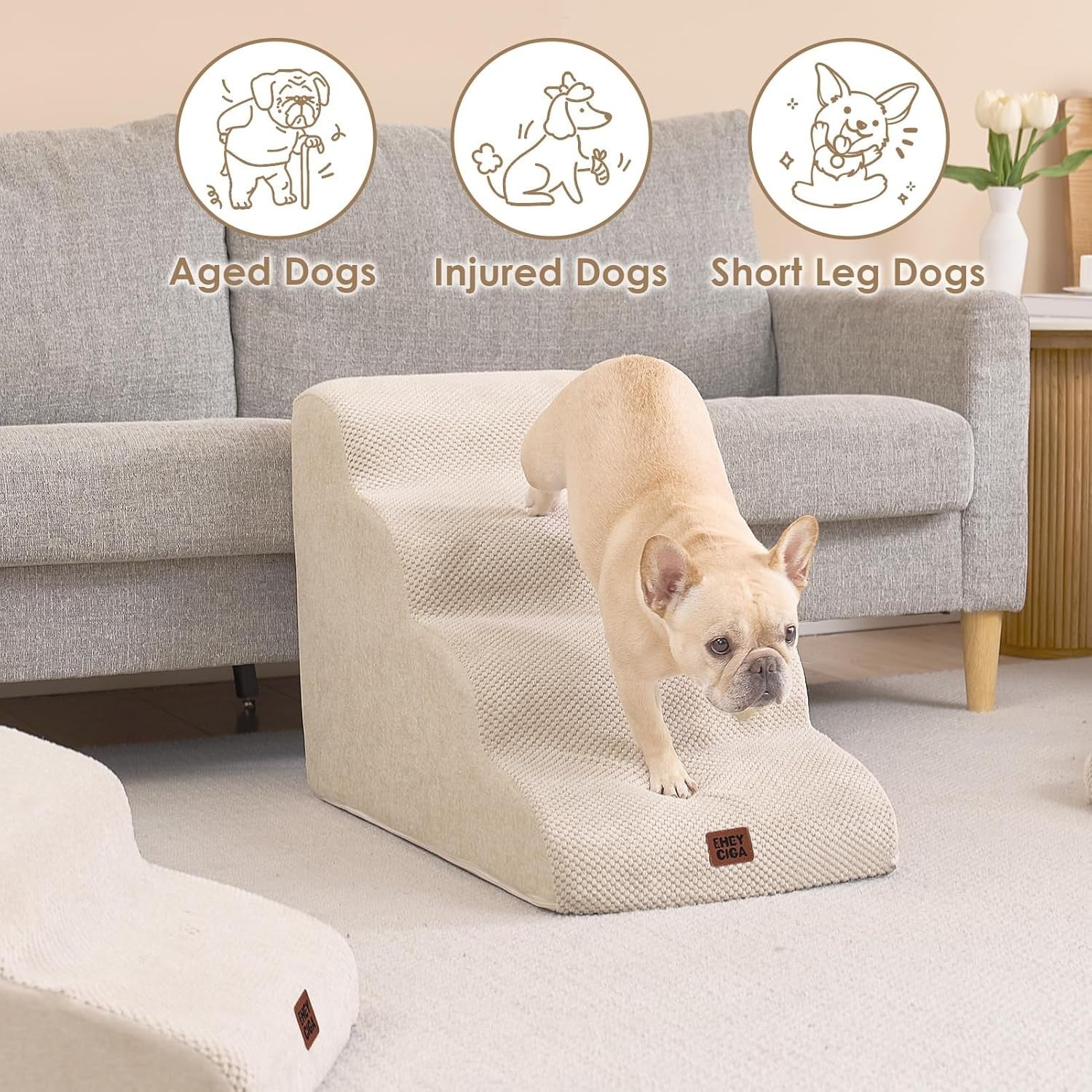 4 Step Dog Stairs for High Bed Non Slip Foam Pet Steps Washable Cream