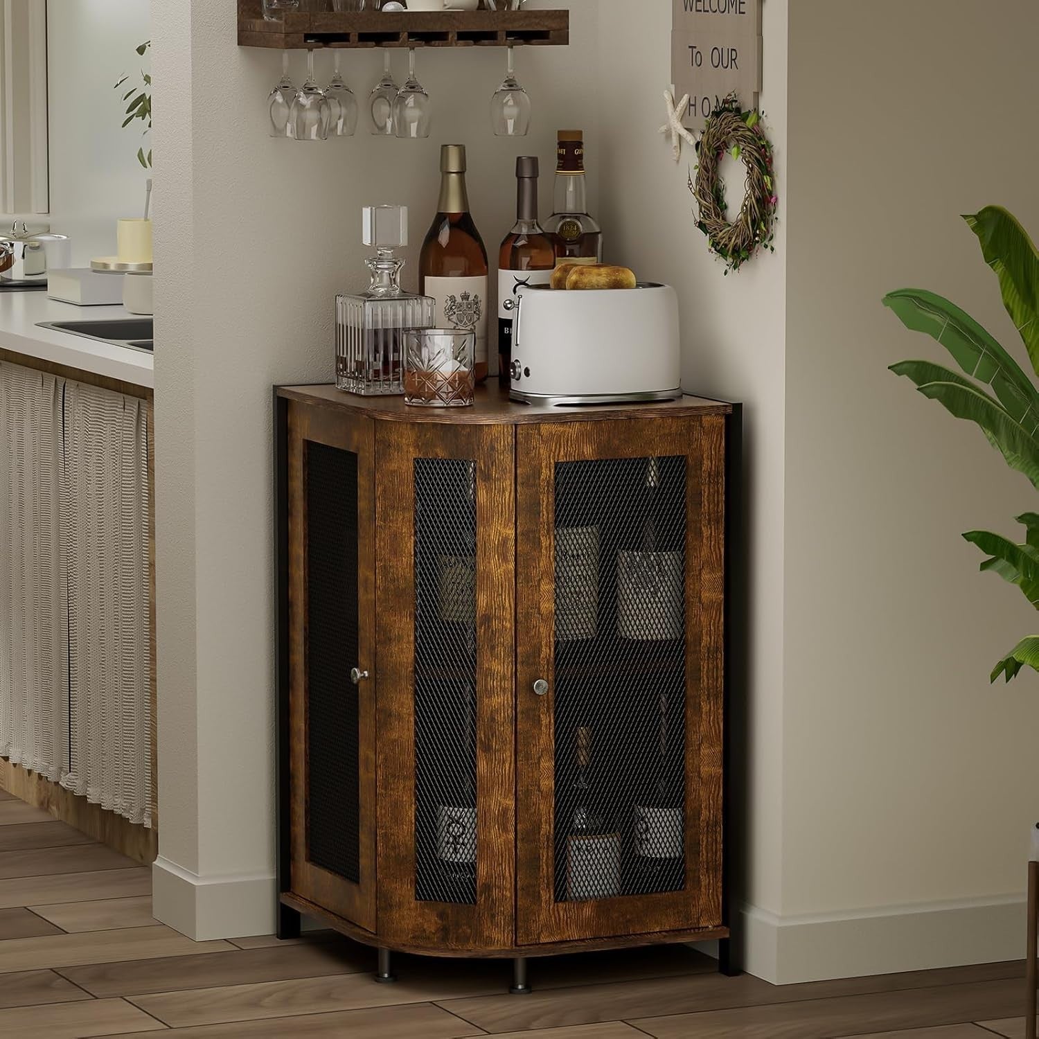 Industrial Corner Wine Cabinet with Storage Shelves, 3-Tier Bar Unit, Rustic