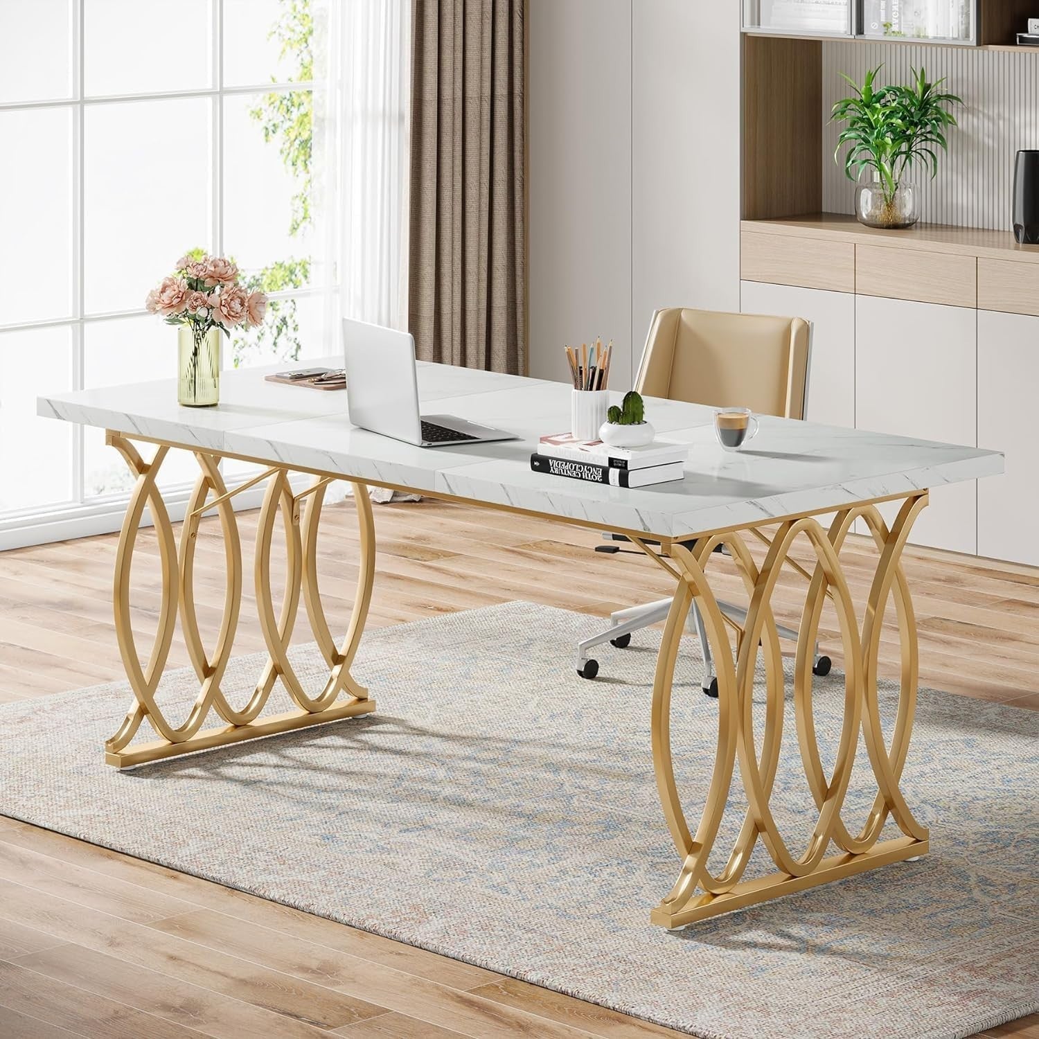 White & Gold Executive Desk 160cm – Large Modern Office Table w/ Storage