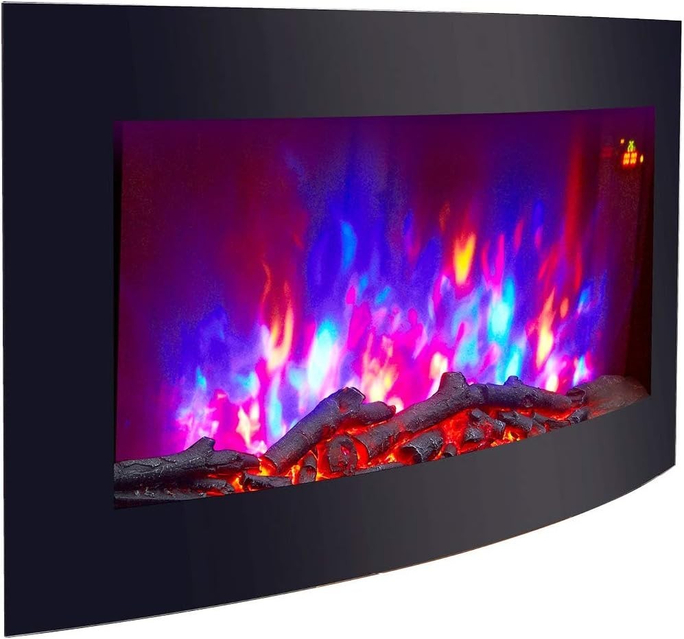 89cm Curved Black Glass Wall Mounted Electric Fireplace with Multi-Color Flame