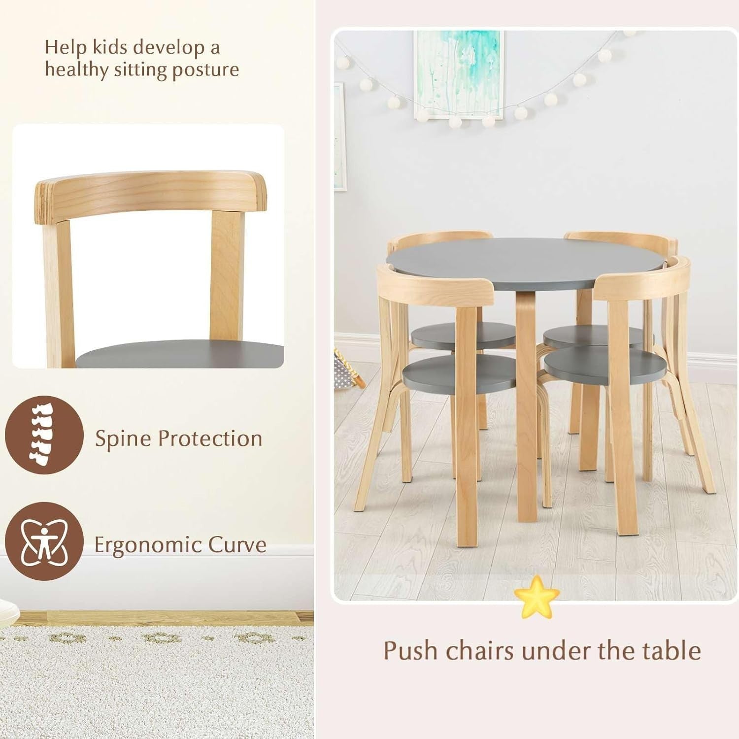 Kids Round Table & 4 Chairs Set Wooden Activity Desk Space-Saving Design